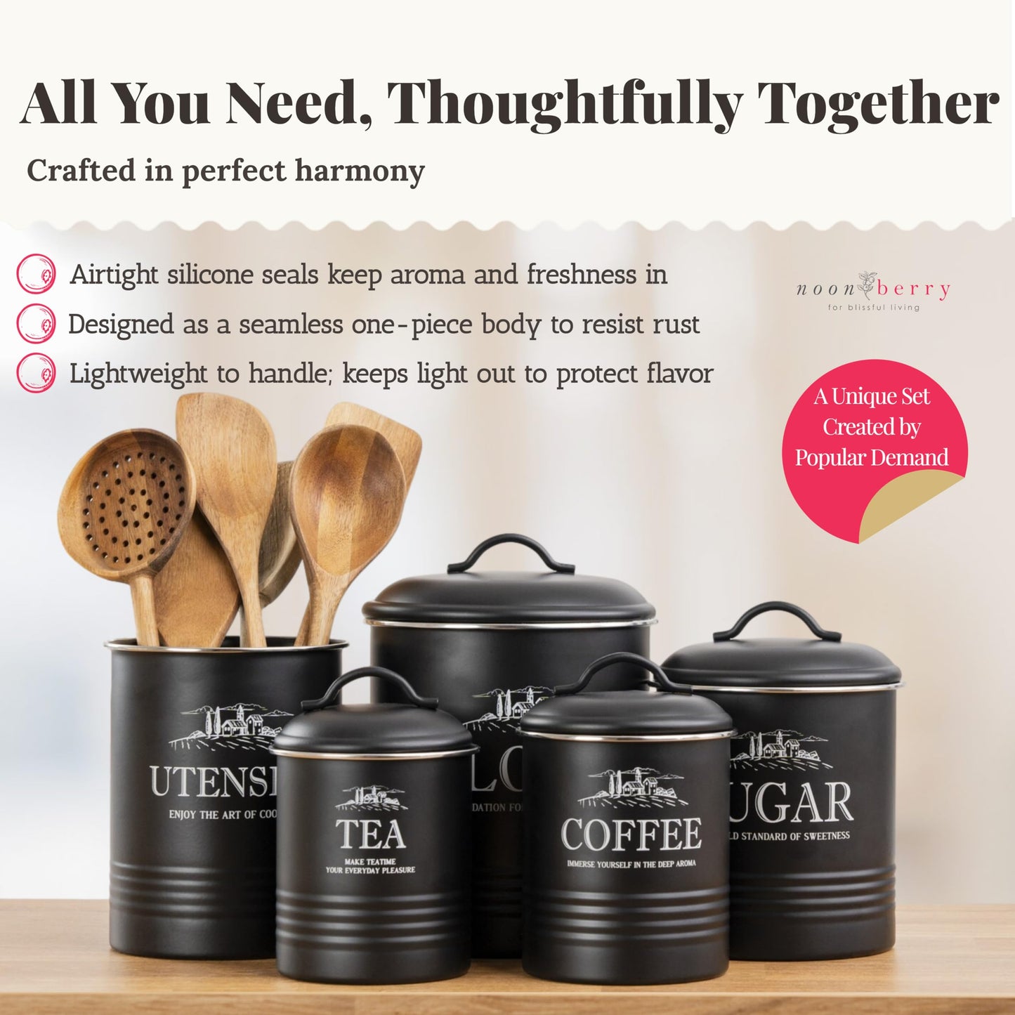 noonberry Kitchen Canisters for Countertop – 5-Piece Airtight Canister Sets for the Kitchen Counter with Utensil Holder – Flour Sugar Coffee Tea Containers – Matte Black Finish
