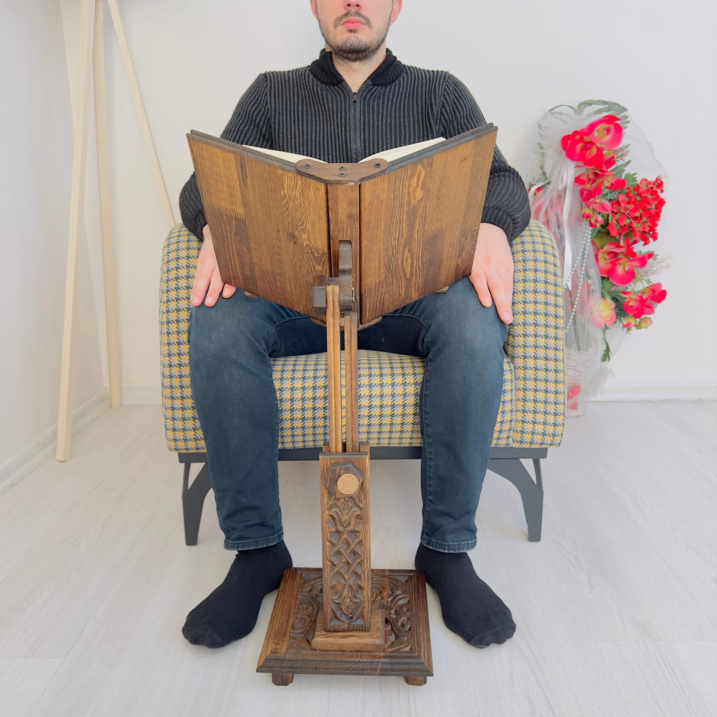 Adjustable Carved Wooden Book Stand | Quran, Bible Holder Lectern | Dictionary, Cookbook Stand