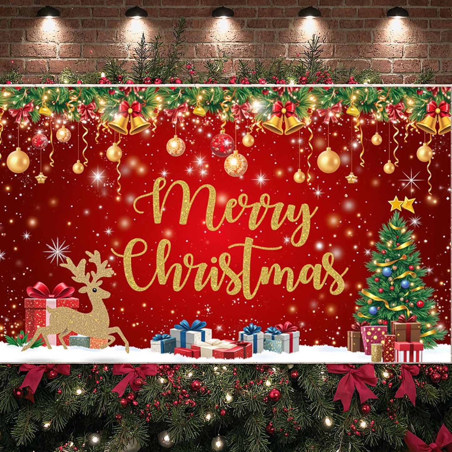 Red Gold Merry Christmas Banner Festive Party Backdrop Xmas Decorations for Home Office Christmas Eve Holiday Celebration