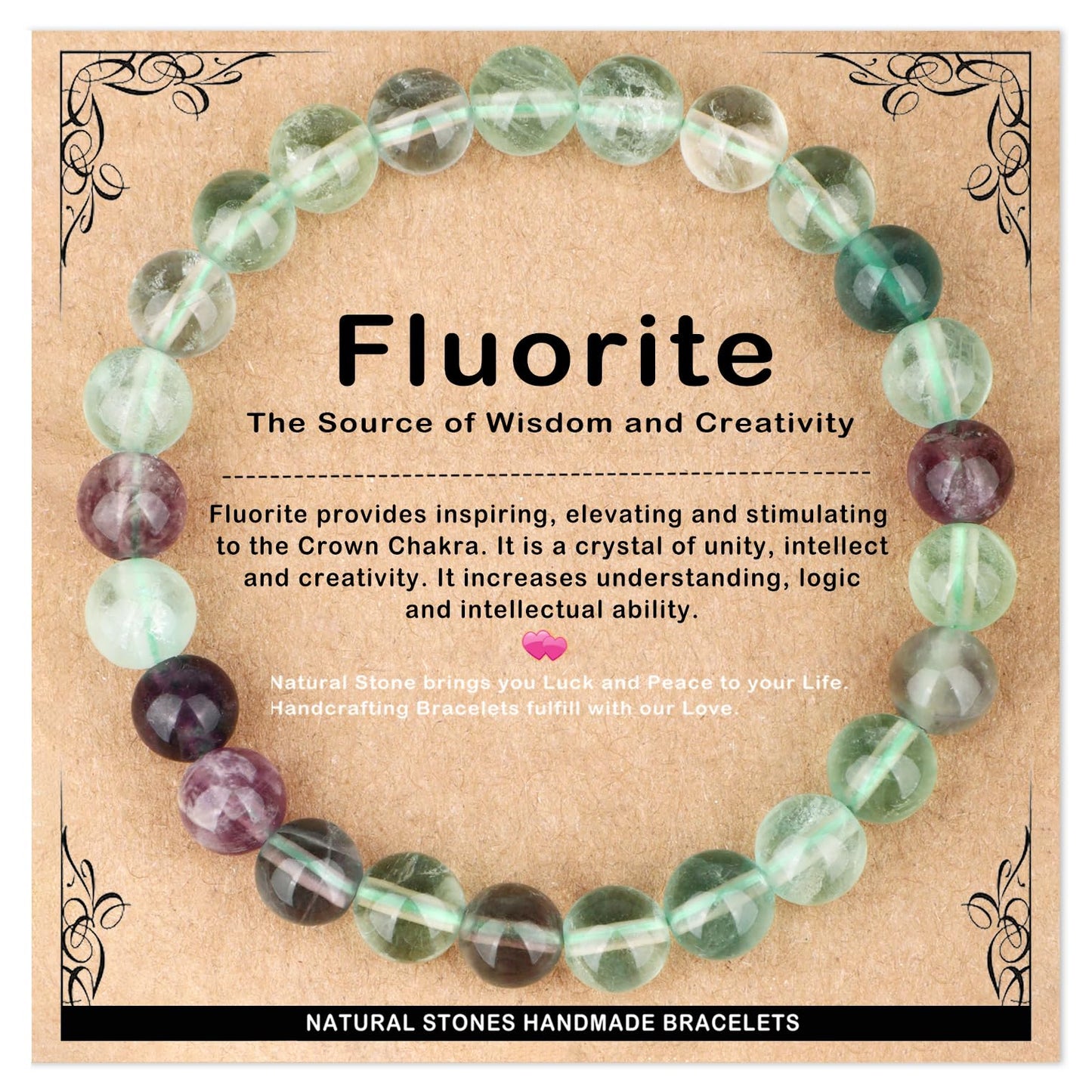 AD Beads 8mm Handmade Fluorite Elastic Bracelet – Natural Gemstone for Is the source of Wisdom and Creativity – Meditation, Yoga, Healing and Energy Gift for Men Women