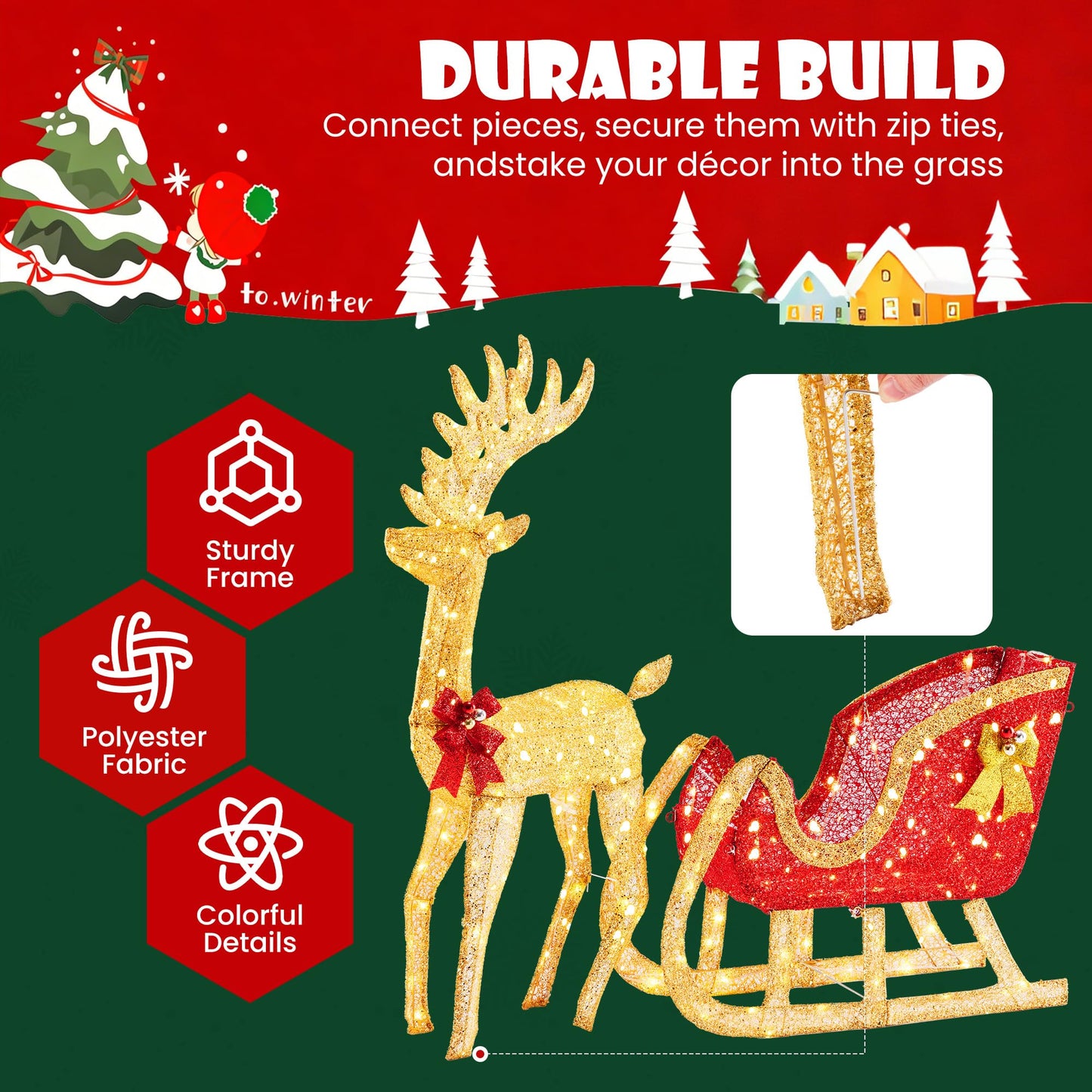 Sweetcrispy 4 FT Lighted Christmas Reindeer & Santa Sleigh Set, Family Outdoor Indoor Xmas Pre-Lit Yard Decoration w/ 180 LED Lights, Holiday Deer & Sled for Garden Lawn Patio Display, Gold-Red