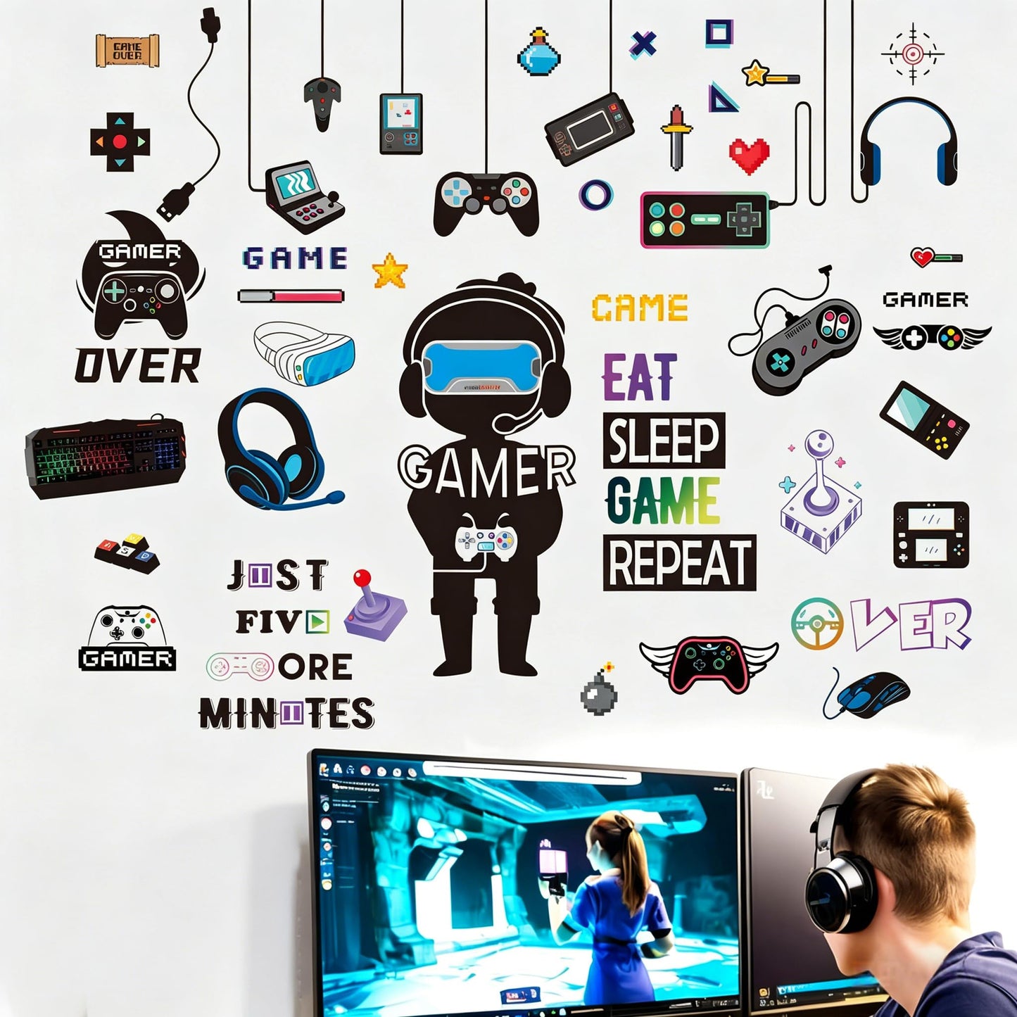 Amimagen Gaming Wall Stickers for Bedroom: 100% Kids Safe Certified - Peel and Stick 4-Step Apply - Removable 95%+ No Residue - Vinyl Wall Decals for Boys