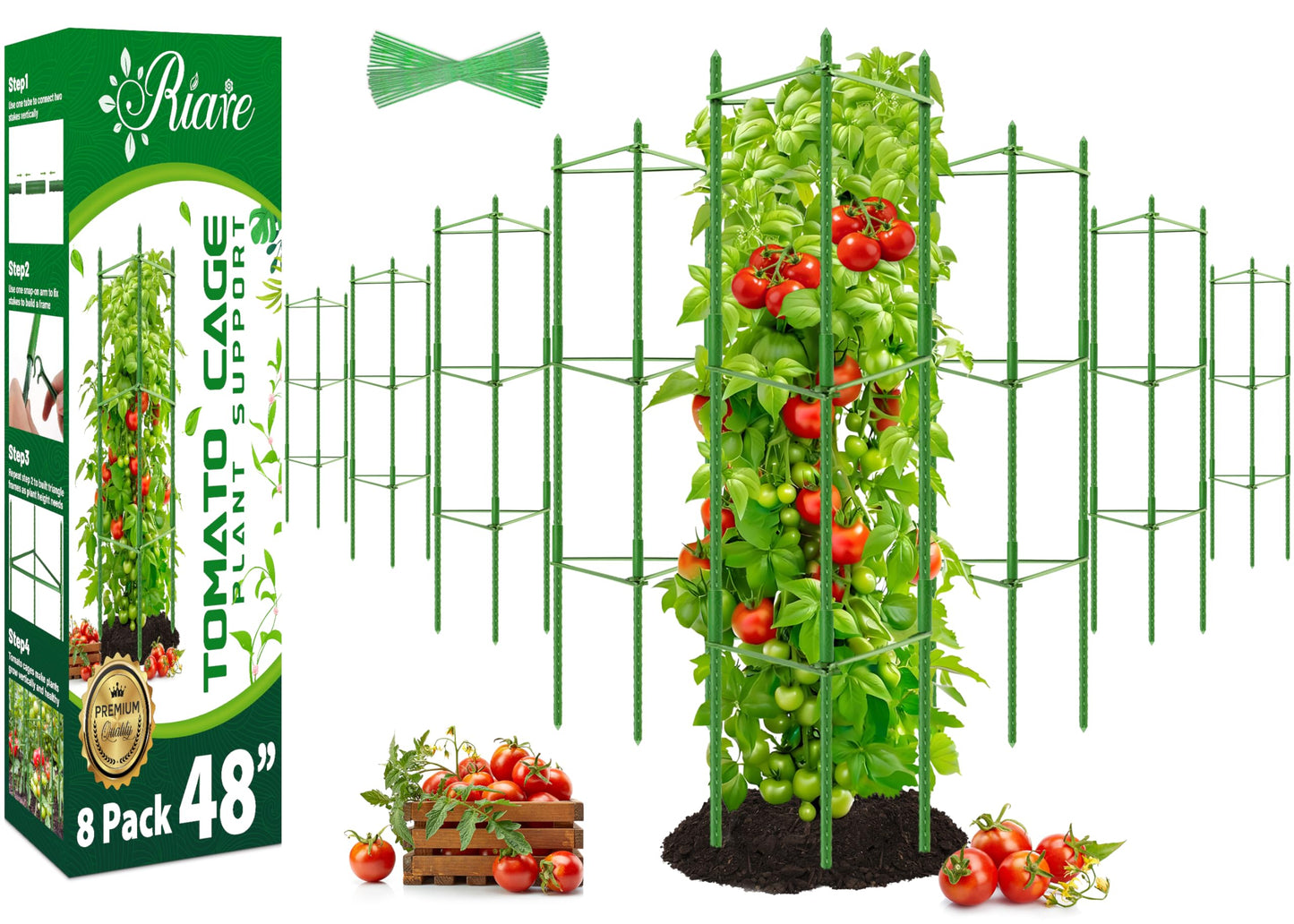 Riare 8 Pack 4 FT Tomato Cages for Garden- 48inches Heavy Duty Garden Stakes, Adjustable Tall Tomato Plant Support Tomato Trellis Cage for Pots, Raised Garden Bed, Climbing Vegetables Plants Flowers