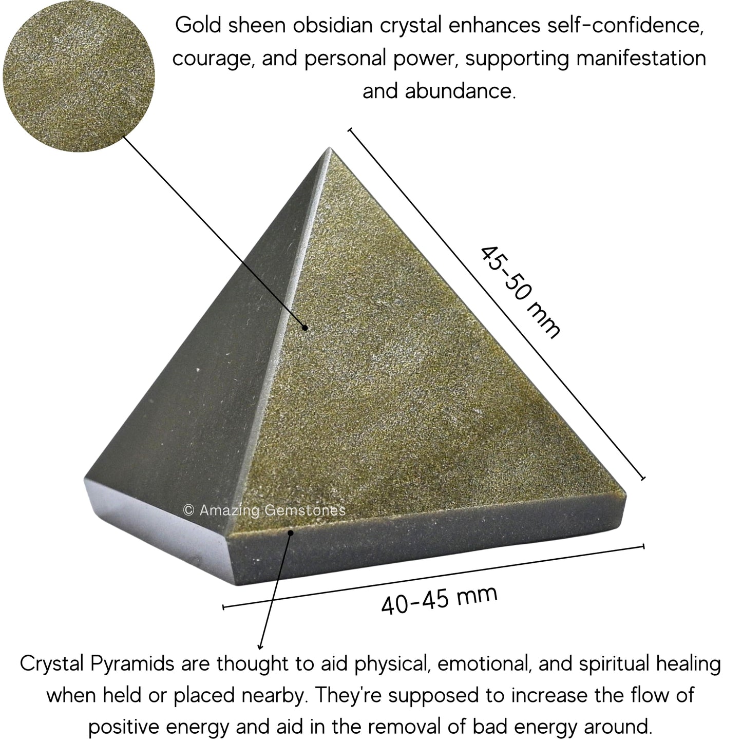 Amazing Gemstone Golden Sheen Obsidian Pyramid Crystal Healing Stones - 2" Great Pyramid Figurine of Natural Stone Pyramid for Meditation, Reiki, Chakra Balancing and Crystal Pyramids Grid