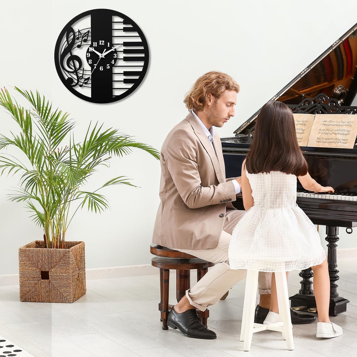 CIGERA 12 Inch Music Themed Wall Clock - Piano Key & Musical Note Design, Silent and Battery Operated - Perfect for Music Room, Studio Decor - Gift for Pianists, Musicians & Music Lover