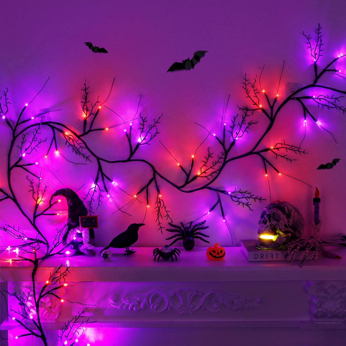 9FT 72 LED Willow Vine Twig Decorations Black Halloween Garland with Orange & Purple Light, 8 Modes Battery Operated Halloween Lights Indoor for Mantle Fireplack Table Home Office Room Party Decor