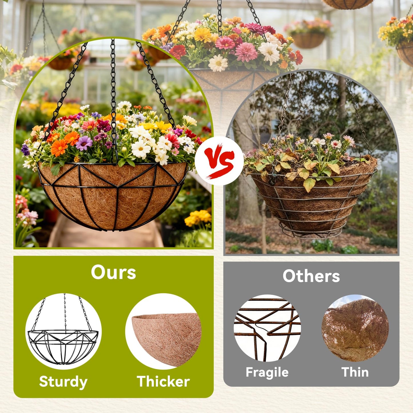 Halatool 4 Pack 14 Inch Hanging Baskets for Outdoor Plants, Heavy Duty Basket with Coco Liners, Rust-Proof Hanging Planters for Patio Fence Balcony Decor Trailing Vines Ferns Succulents Herbs