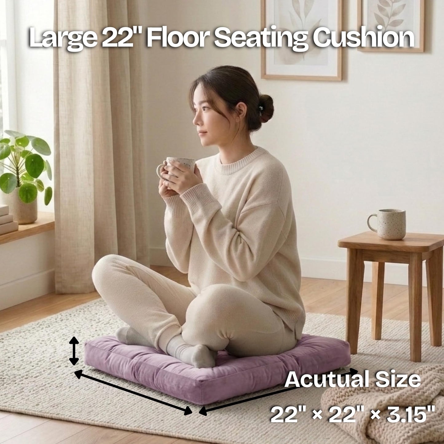 Meditation Cushion Set of 2, Floor Cushions for Adults, Velvet Floor Pillows for Sitting, Tufted Seat Cushions for Yoga, Living Room, Bedroom & Reading Nook, Machine Washable, 22 x 22 Inch, Lavender