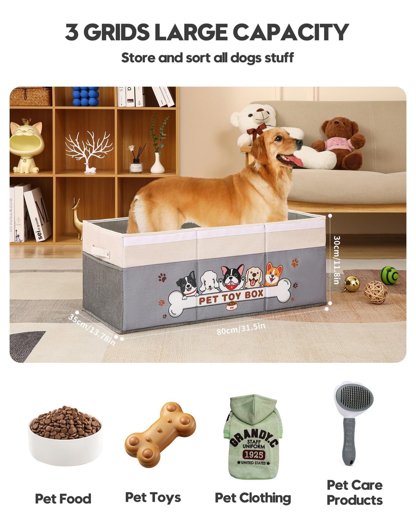 Garlloupath Dustproof Dog Toy Box With Transparent Lid, 3 Grids Dog Toy Bin, Extra Large Storage Holder Container, Foldable Chest