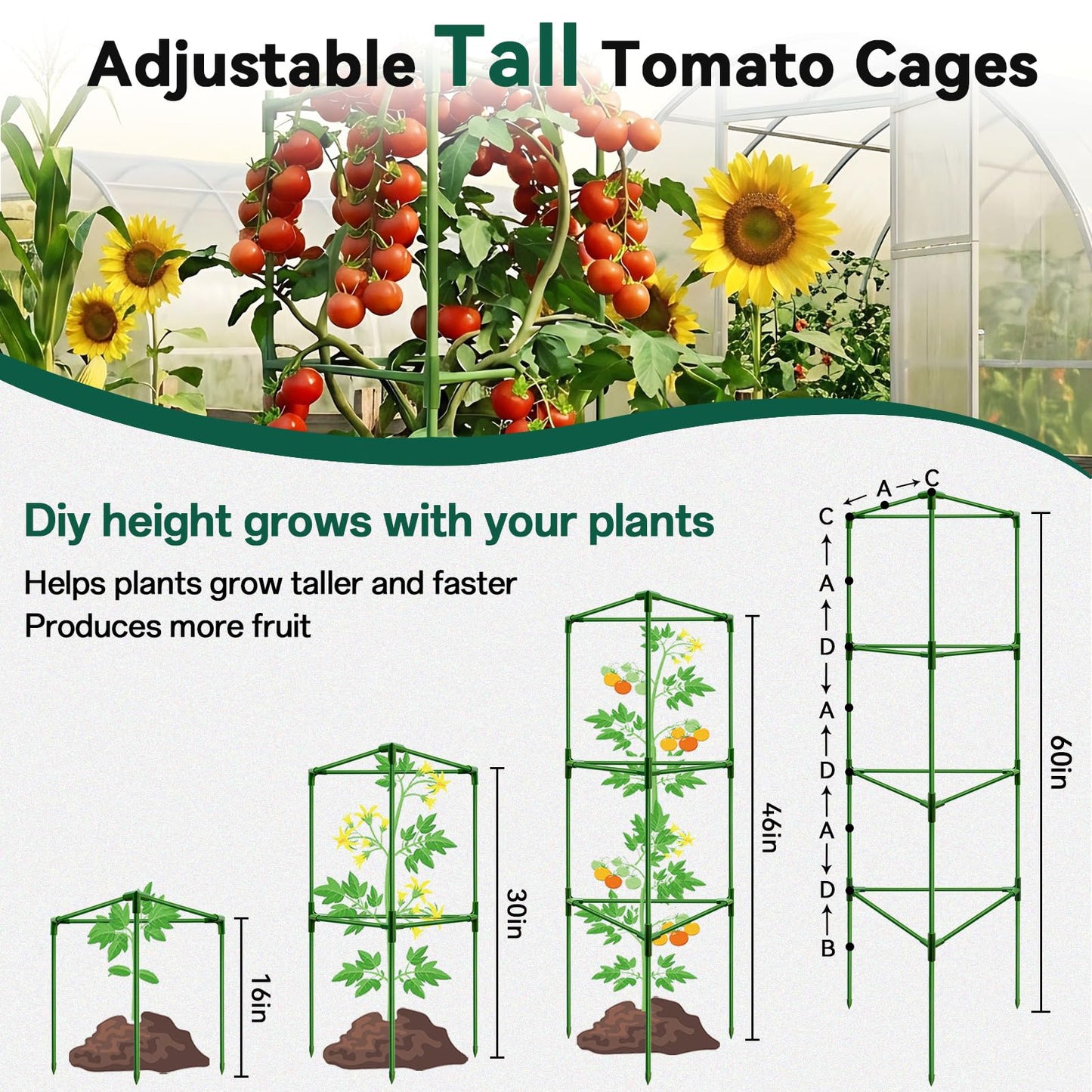 Halatool 3 Pack Tomato Cages for Graden 60 Inch, Adjustable Metal Tall Heavy Duty Tomato Trellis Plant Support, Foldable Tomatoes Stakes for Climbing Vegetables Flowers Fruits