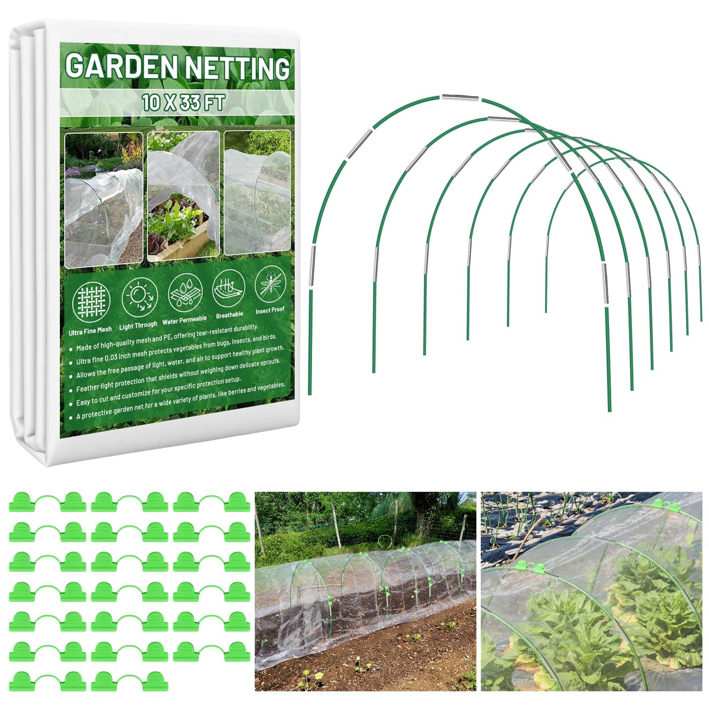 Sunwinx Garden Mesh Netting Kit for Raised Beds, 10x33FT Ultra Fine Mesh Netting&6 Sets 8FT Fiberglass Garden Hoops, Insect Netting Row Cover, Pest Barrier Protection for Vegetable Fruits Flowers