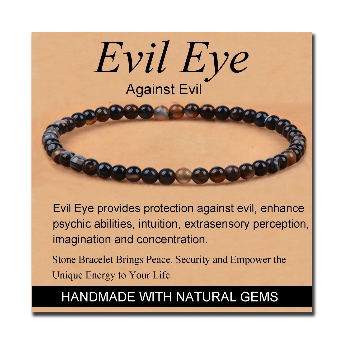 MASSIVE BEADS Evil Eye Agate - Stone of Against Evil - Handmade Yoga Stretch Elastic Bracelet Natural Stone Crystal Healing Power Energy Gifts for Unisex Adult 4mm