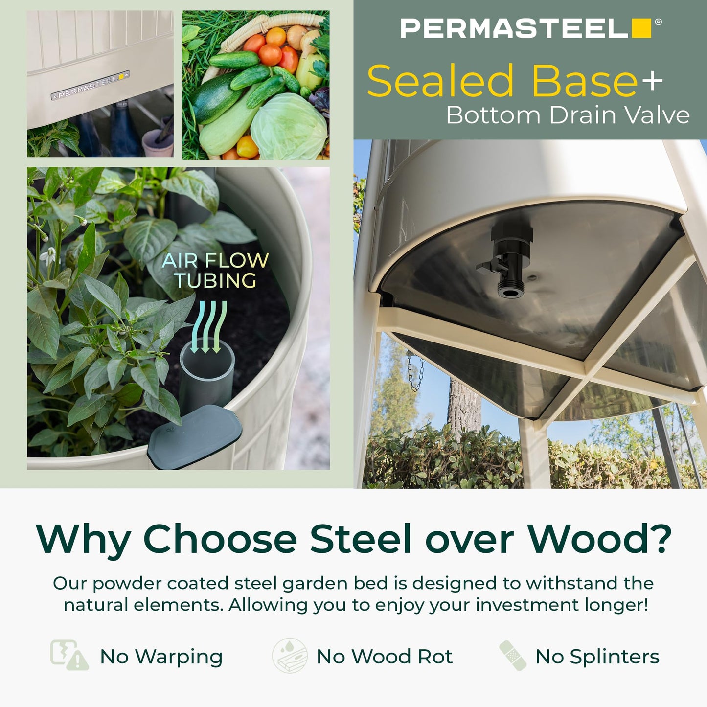 Permasteel Raised Garden Bed with Legs, Planter Box with EnGrow™ TrueSoil™ Technology for Vegetables, Flowers, Herbs, and Fruit, Outdoor Indoor, Storage Shelf, Caster Wheels, Ivory