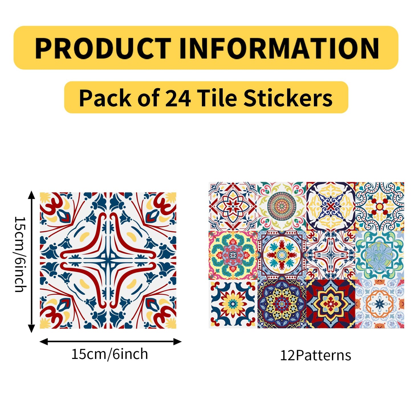 AWLZJZQA 24 PCS (6"x6") Retro Mexican Tile Sticker Peel and Stick Wall Decals Talavera Kitchen Backsplash Boho Cover Up Waterproof Murals (Wallstickers-005, 6 Inch)