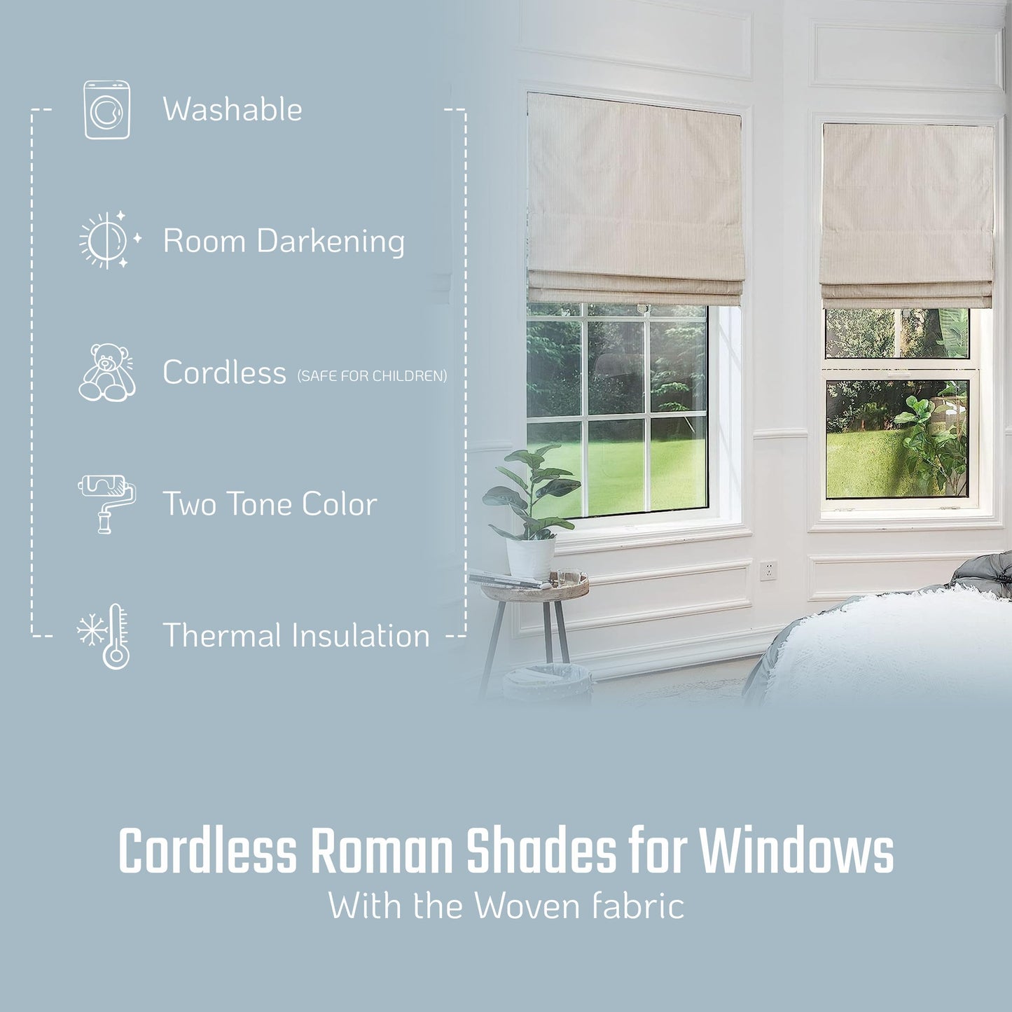 Everyday Celebration Roman Shades for Windows, Room Darkening, Cordless Pull Down, Woven Fabric Blinds & Shades, Vanilla, 23" W x 64" H