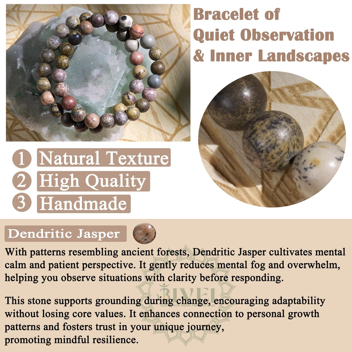 Bivei Natural Gemstone Semi Precious Healing Crystals Handmade Stretchy Round Beads Bracelet, Enhance Positive Energy,Stocking Stuffers for Women(Dendritic Jasper (Stability & Growth)(Large))