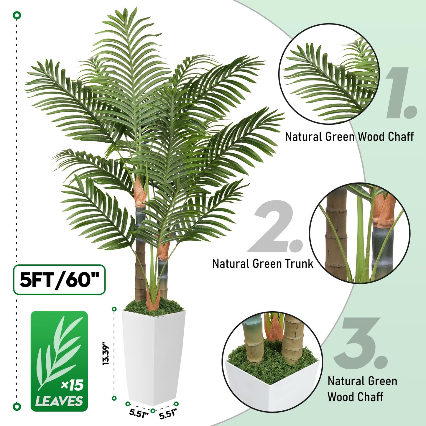 5ft Artificial Palm Tree Indoor Plant，Triple Faux Tropical Areca Floor Plant in Pot，Artificial Plants with Lifelike Leaves for Home Office Decor