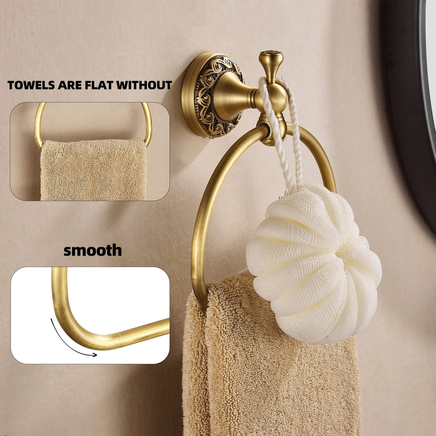WOLIBEER Brass Towel Ring,Antique Hand Towel Holder, Bathroom Hand Towel Rack Hanger Wall Mounted Retro Kitchen Accessories