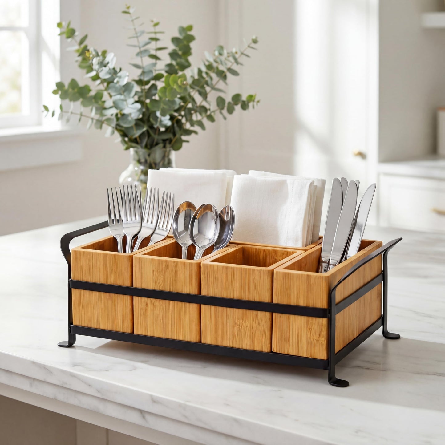 GOXTBBW Bamboo Utensil Caddy with Handle - 5 Compartment Silverware Holder for Party & Kitchen Countertop - Removable Wooden Flatware Organizer for Picnic, BBQ, Buffet, RV & Outdoor Dining