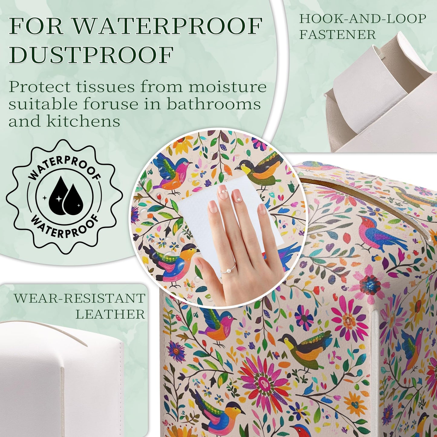 Floral Bird Tissue Box Holder, Scandinavian Leather Tissue Box Cover Square with Bottom Belt, Paper Napkins Everyday Dispenser for Bathroom Night Stands Kitchen Office Car Home Decor