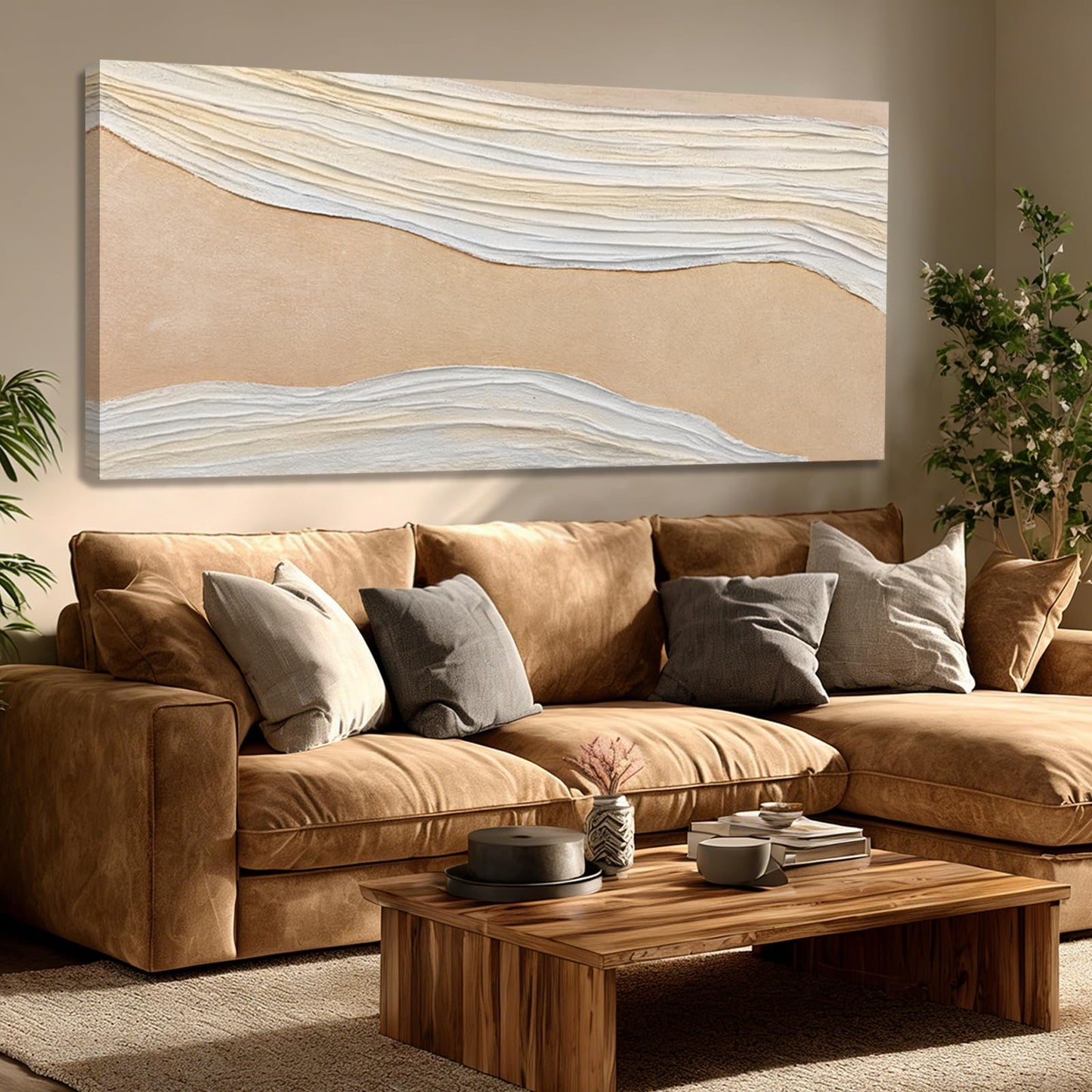 Dolidoteart Beige White Canvas Wall Art, Large Wall Art for Living Room, Hand Painted Abstract Oil Painting, Oversized Horizontal Wall Decor for Bedroom Office, 29x58 Inch