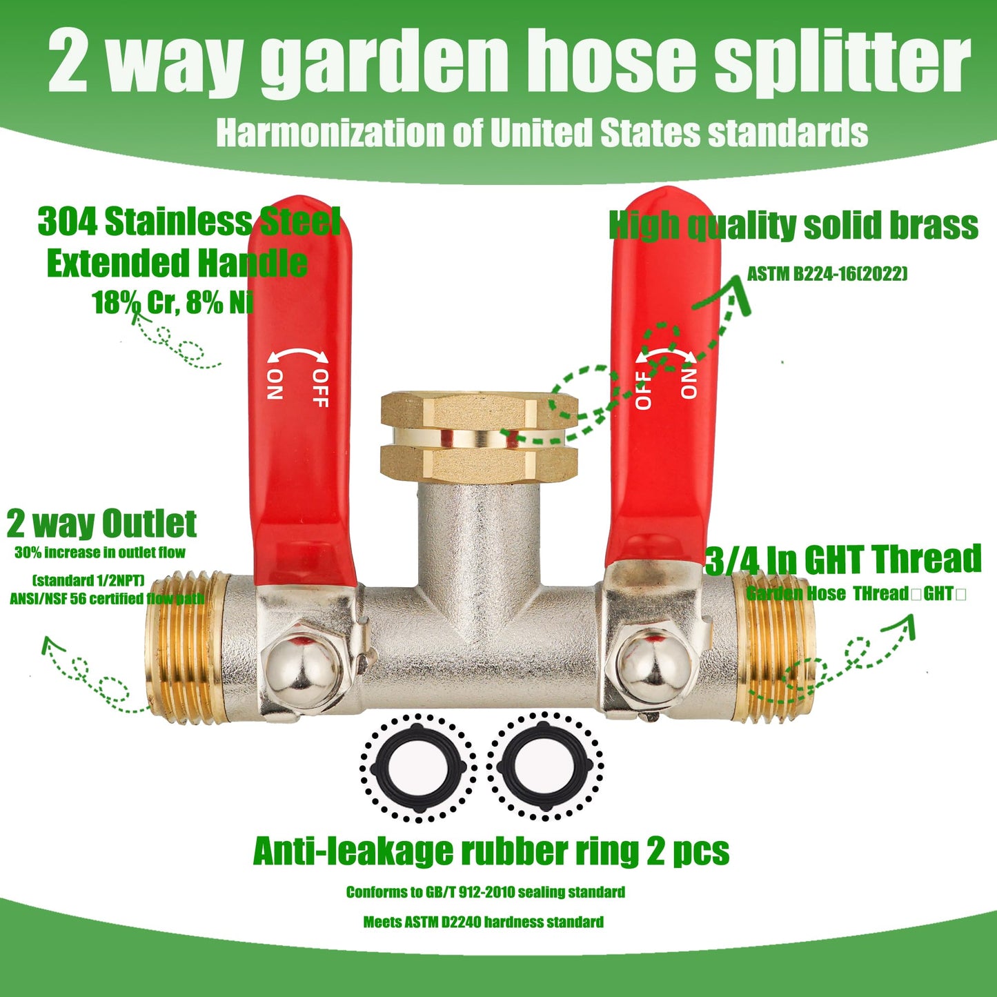 EJW Hose Splitter 2 Way, Garden Hose Splitters, 2 Way Faucet Splitter, Water Spigot Splitter, RV Brass Hose Splitter, Two way Hose Bib Splitter, Double Hose Connector, Hose Valve 3/4 Inch GHT Thread.