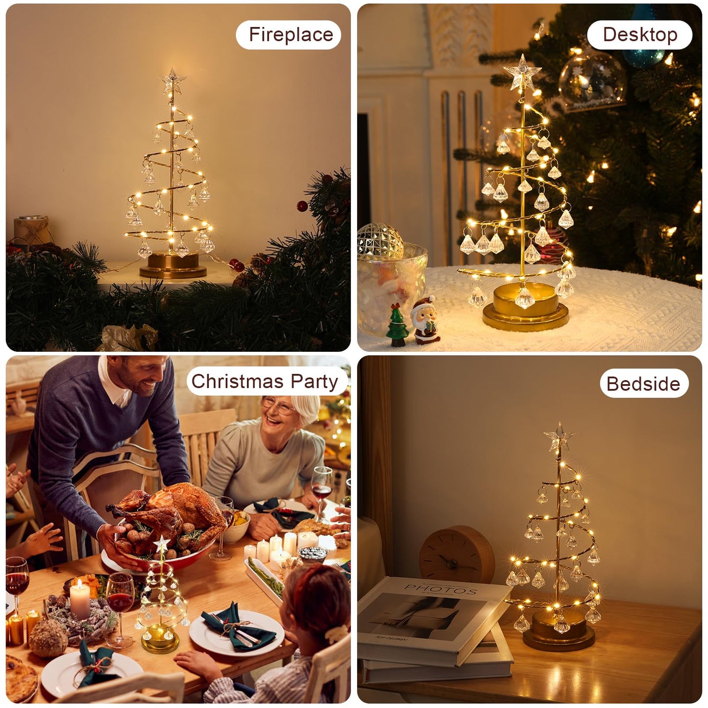 Lewondr Christmas Tree Light, 11'' Battery Operated Christmas Tree Night Light, Crystal Spiral Xmas Tree Table Lamp with Star Light & Metal Stand, Christmas Decoration for Home Room Desk Indoor, Gold