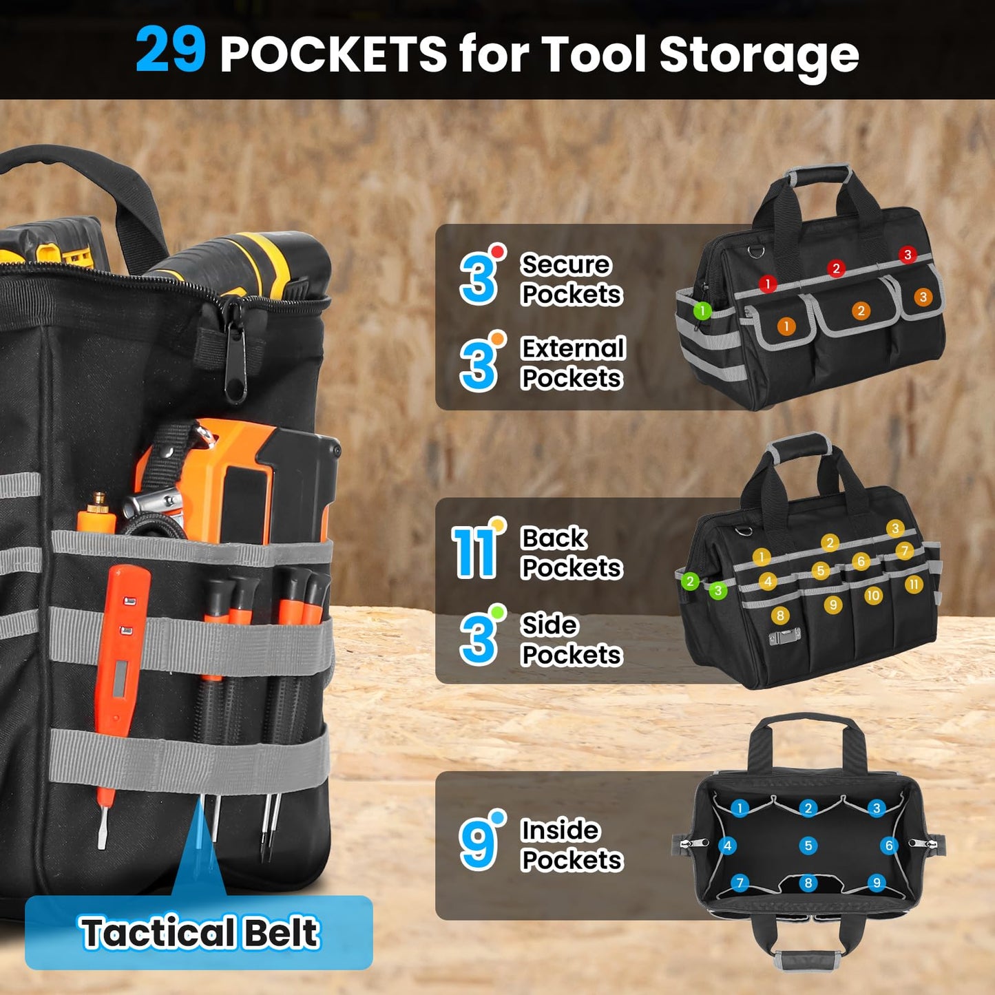 Heavy Duty Tool Bag, 17 Inch Tool Bags for Men with Multi-Pockets, Waterproof Tool Box Organizer Storage Bag with Adjustable Shoulder Strap, Soft Handle, Durable Zipper for Men, Dad (Black-Grey)