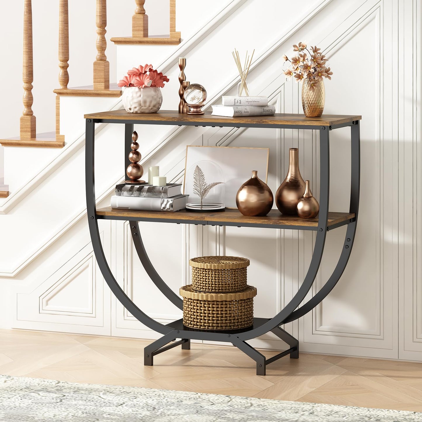 GILLAS 3 Tier Console Tables, 30" Height Entryway Table, Sofa Table Behind Couch, Industrial Entryway Furniture TV Stand with Storage for Living Room, Easy No-Extra-Tools Assembly, Rustic Brown