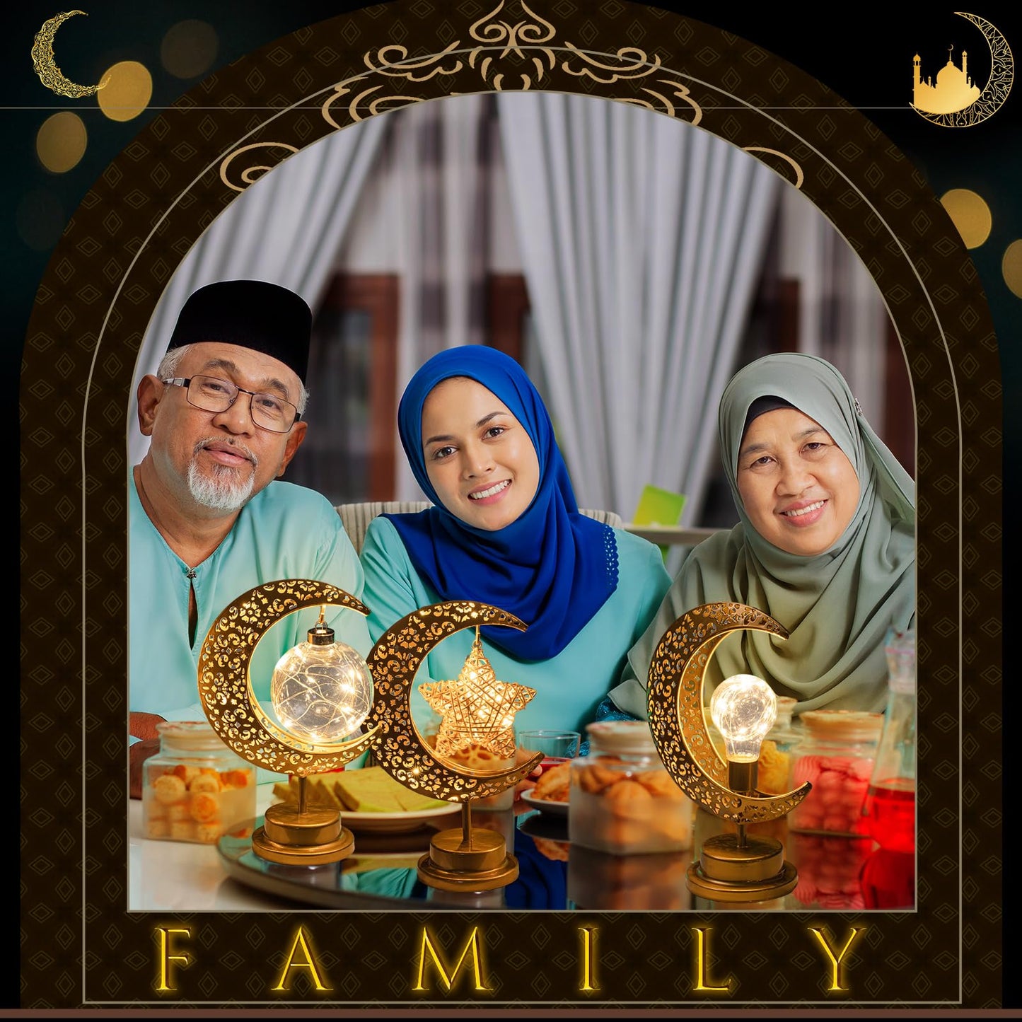 Tujoe 3 Pcs Ramadan Decorations for Home Rustic Moon Lamp Ramadan Star Moon Metal Lights Battery Operated LED Crescent Light Eid Decorations for Home Bedroom Table Ramadan Eid Mubarak Party Decor