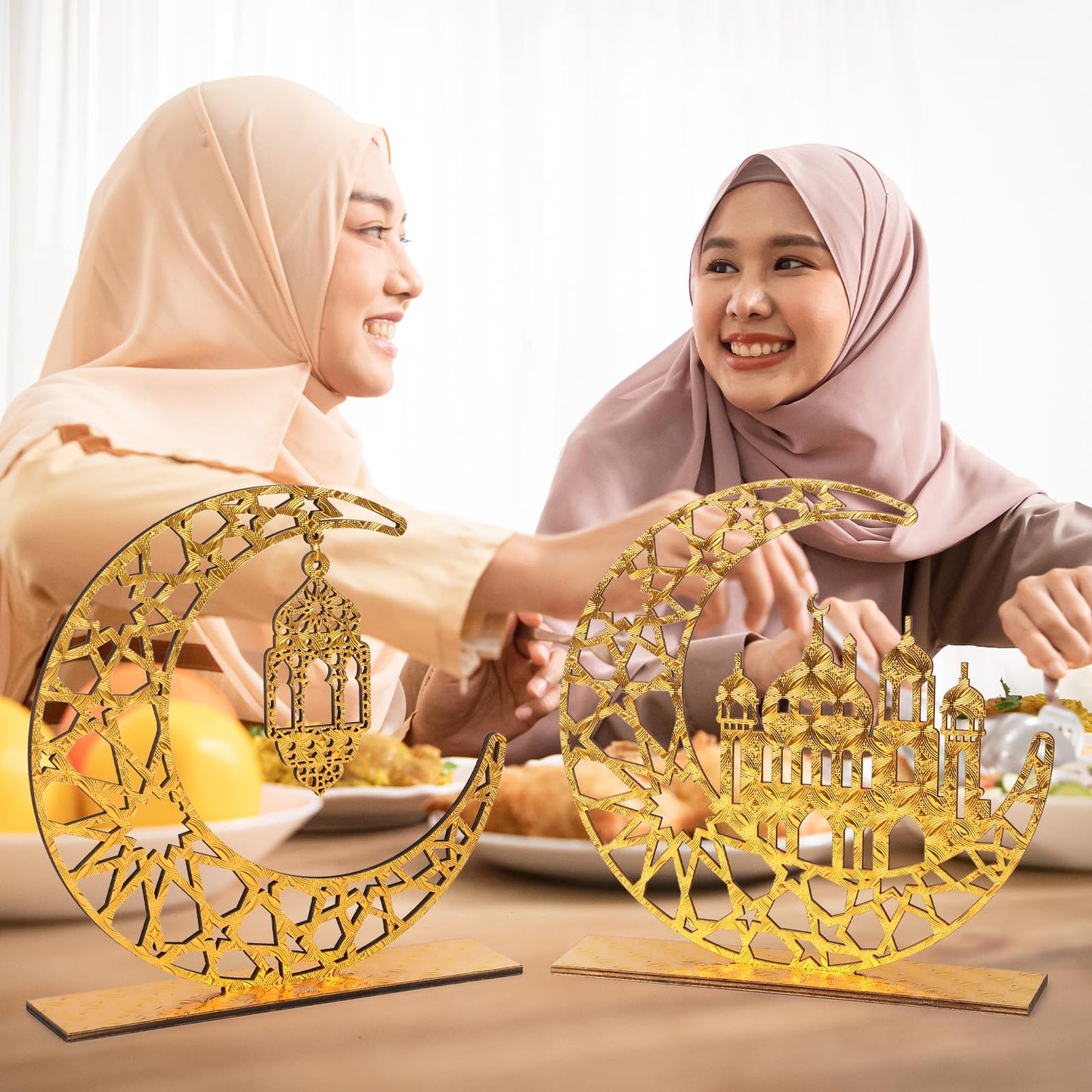 Hinsly Wood Ramadan Decorations for Home Islamic Eid Mubarak Kareem Table Sign Moon Hollow Star Ornament for Muslim Party Tabletop Decor Art Craft Decoration Golden Moon 2 Pieces