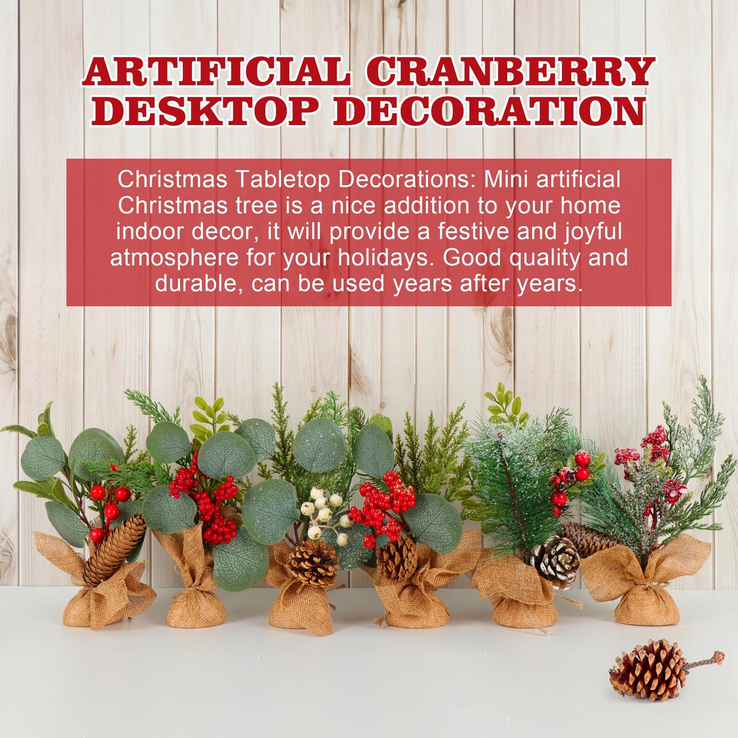 MINDELF 6 PCS Rustic Mini Christmas Tree Tabletop Set, Mixed Green Leaves, Red Berries and Pine Cones, 9 inch Artificial Trees with Burlap Bases, Ideal for Holiday Home Office Table Centerpiece