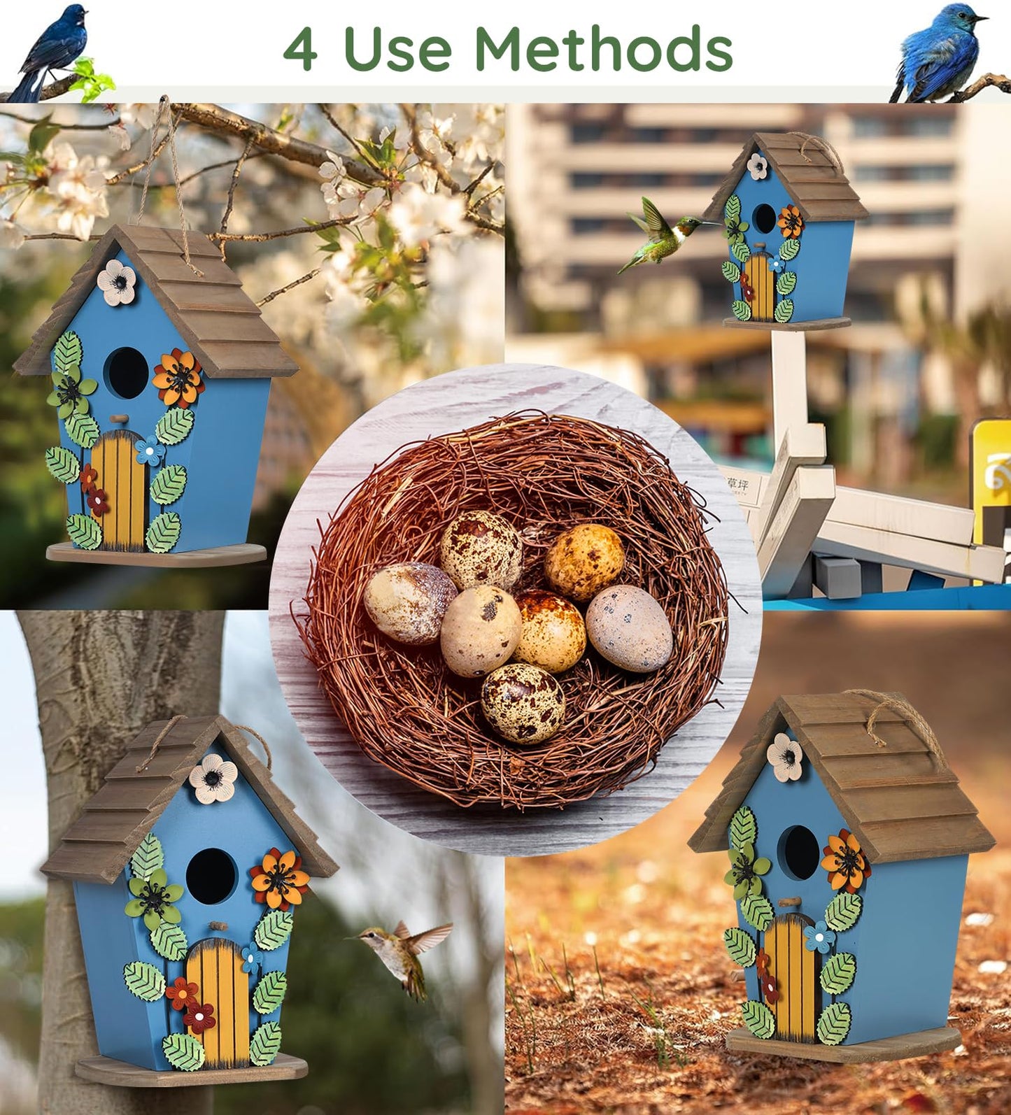 handrong Bird Houses for Outside,Wooden Blue Birdhouse,Decorative Birdhouses for Outdoors,Hanging Bird Houses,Bird Box Nest,Humming Bird House for Outside,Bird Gifts for Bird Lovers