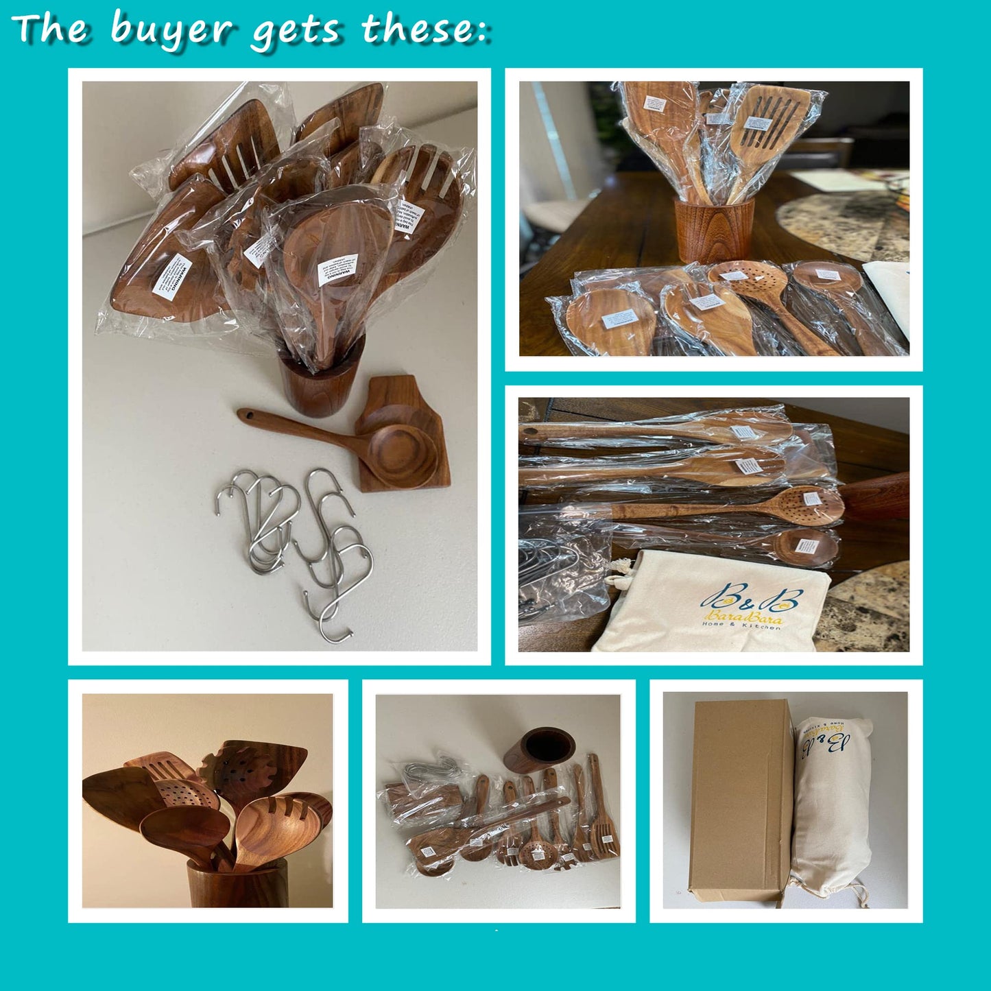 BaraBara Kitchen Utensils Set, Wooden Holder, Spoon Rest and Hooks, Kitchen Wooden Utensils, 100% Natural Teak Wooden Kitchen Utensil