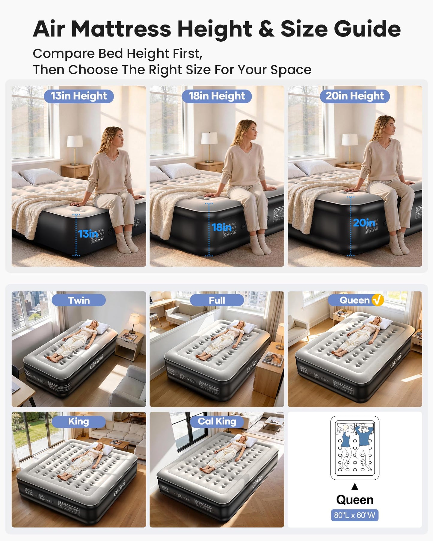 OhGeni Queen Air Mattress with Built in Pump, Ideal Alternative to a Bed, Inflatable Blow Up Mattress 18 Raised Comfort, Portable Bed for Home, Camping, Colchone Inflable, Gift for Mom, 1-Pack Only