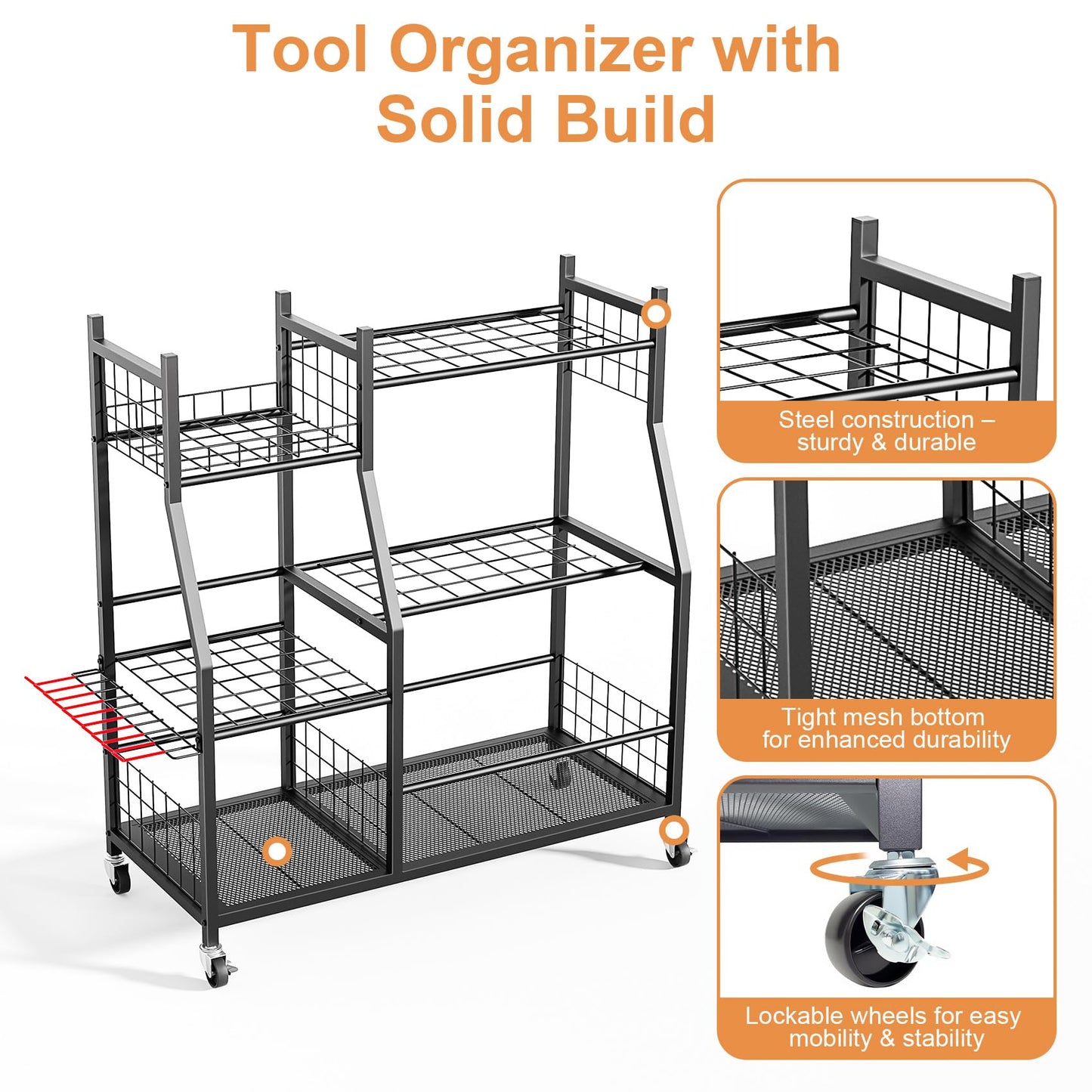 Garden Tool Organizer with Wheels for Garage, Freestanding Garage Tool Organizer, Yard Tool Holder, Garden Tool Cart for Long Handled Tools,Rakes, Brooms, Yard Storage Rack for Shed, Indoor, Outdoor