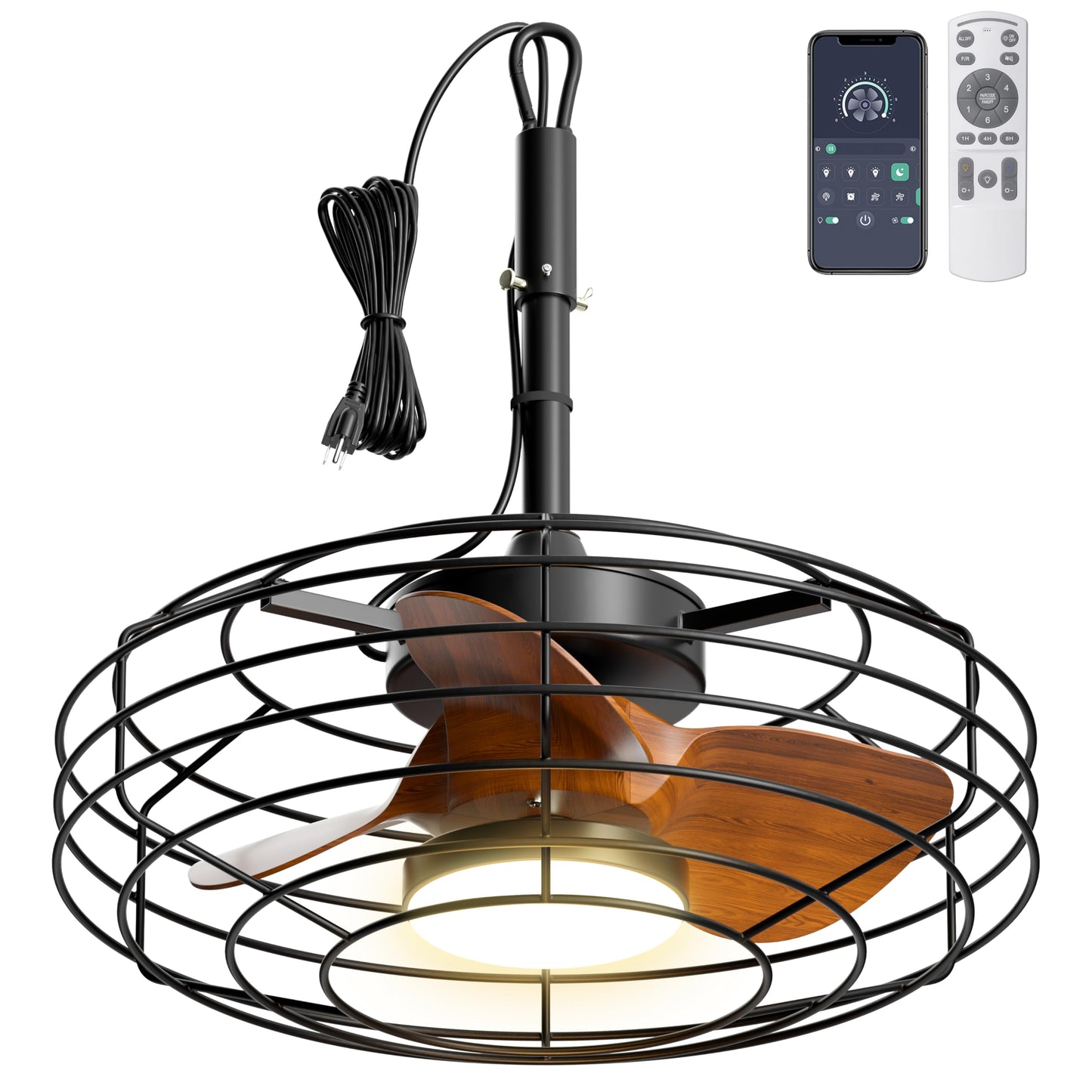 Coolbull Plug and Play Outdoor Ceiling Fans with Lights, 20'' Wet Rated Gazebo Fan Remote/APP Control, Dimmable Hanging Fan for Patio Pergola, Wood Color