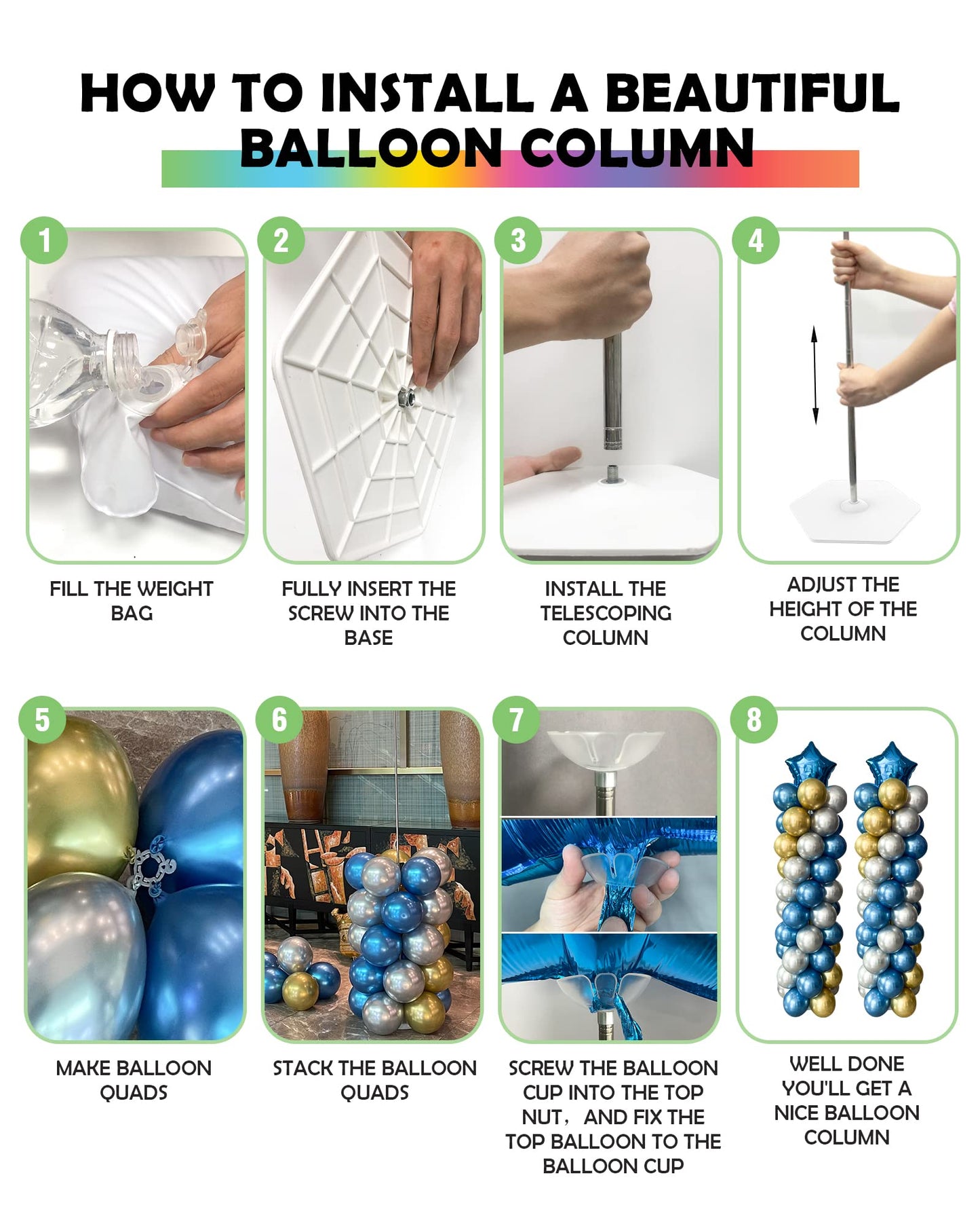 YALLOVE Balloon Column Stand Kit Sets of 2, 7 Feet Height Adjustable Balloon Tower Pillar with Reusable Metal Telescopic Design for Birthday, Wedding, Baby Shower, Graduation Party Decoration