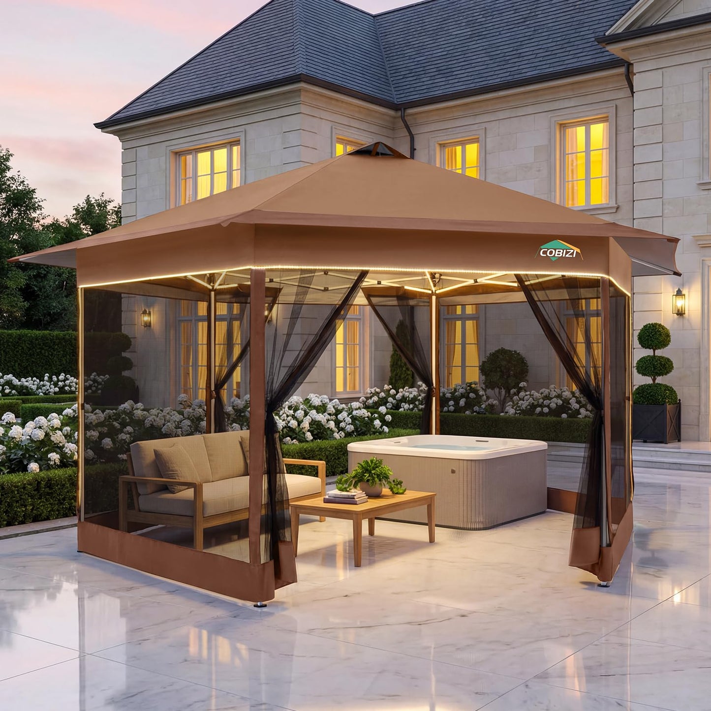 COBIZI 13x13 Pop up Gazebo, Hexagonal Outdoor Canopy Tent with Mosquito Netting, Portable 6-Sided Gazebo Tent, Waterproof, UV Resistant Height for Backyard, Gardens, Patio（Brown）