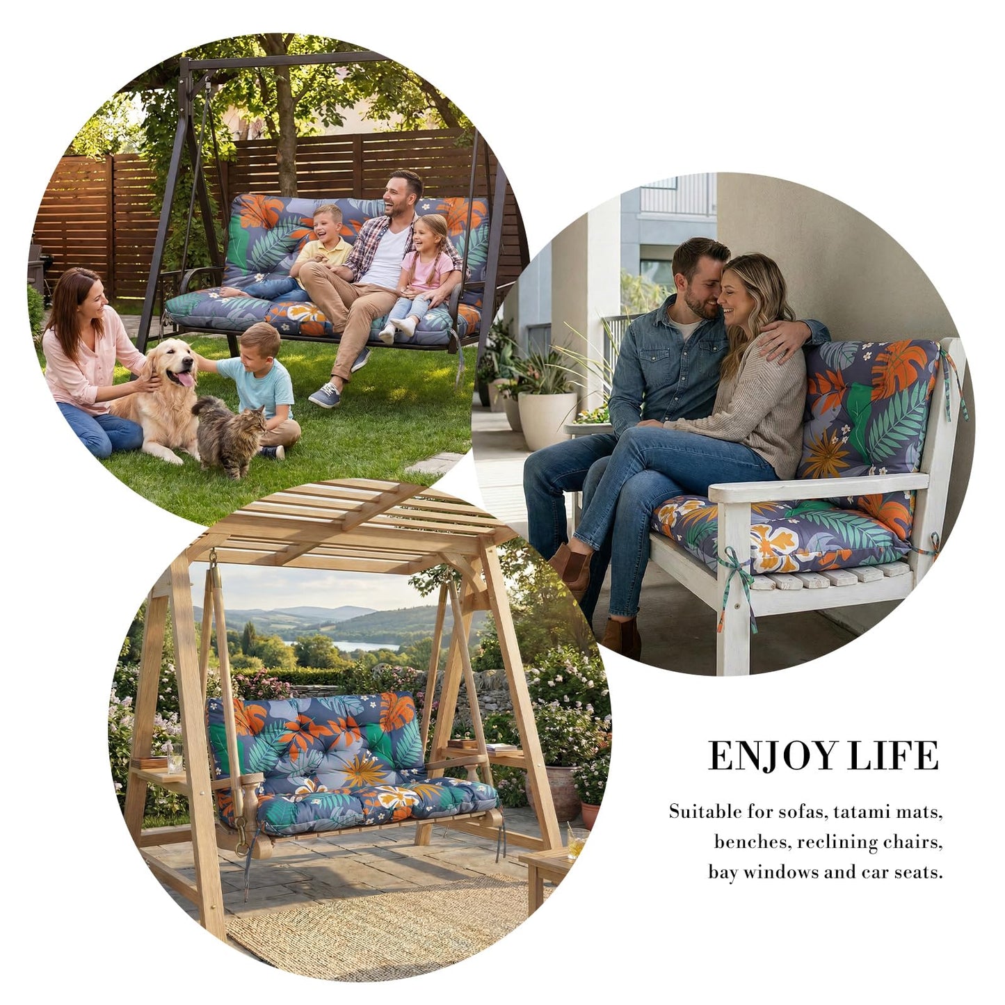 Outdoor/Indoor Swing Replacement Cushion,2 or 3 Seats Bench Cushions with Backrest, Thicken 4" Recliner Seat Pad for Garden/Patio, Waterproof Premium Tufted Cushion with Ties(Flower Leave-60x40x4in)