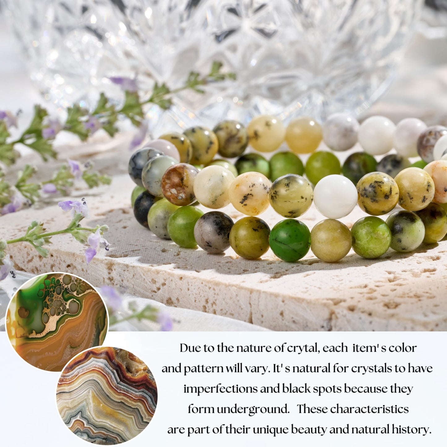 Bivei Natural Gemstone Semi Precious Crystals Handmade Stretchy Round Beads Bracelet, Enhance Positive Energy,Stocking Stuffers for Women(Opal fosters & Serpentine(Growth & Prosperity) Medium)