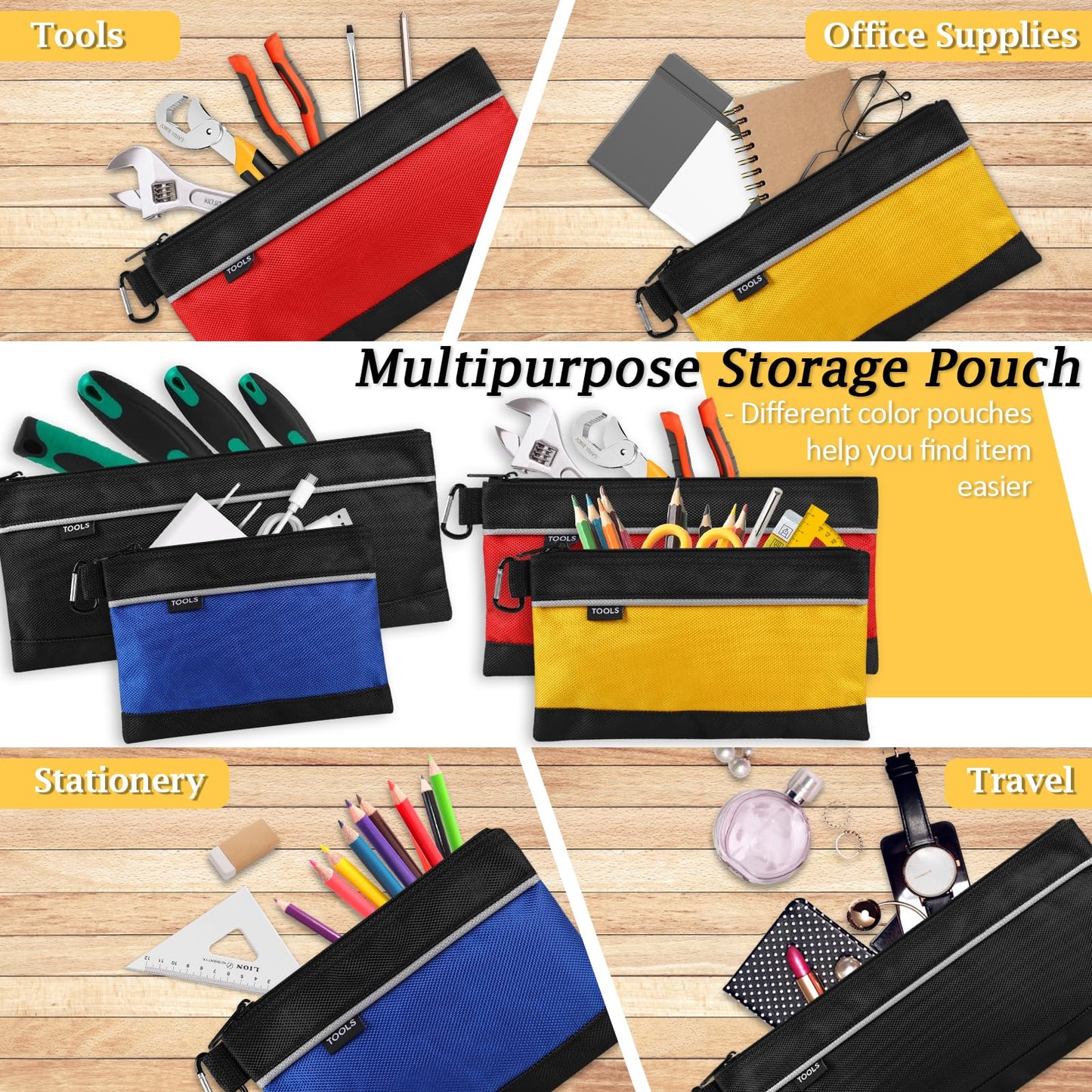 COIDEA 4 Pack Tool Pouch, Small Tool Bag with Zipper, 1680D Oxford Waterproof Multipurpose Tool Pouches with Carabiner for Men Tools, Travel Accessary, Stationary, Gadgets Storage Organizer, PSGJD-X4