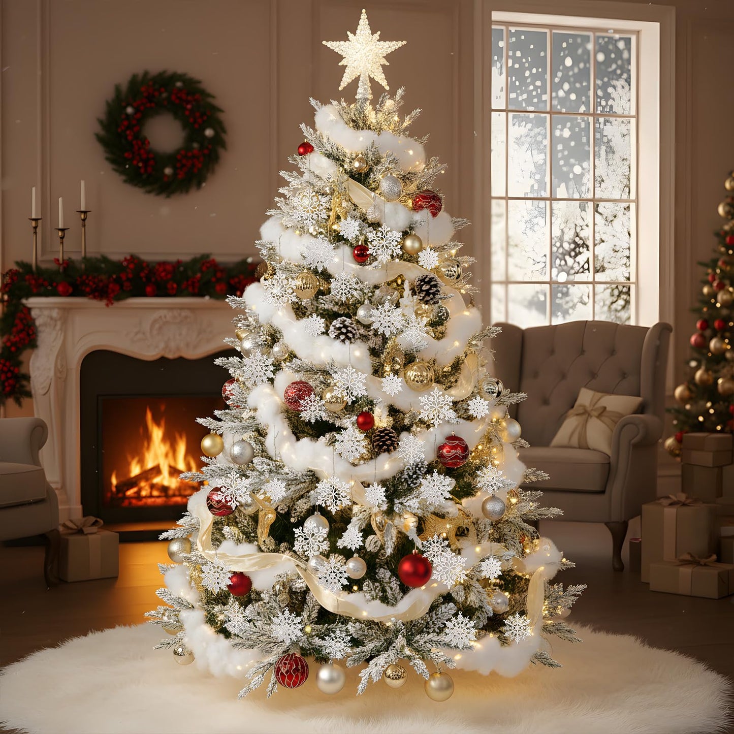 HunnmingRe 37 Pcs Christmas Tree Ornaments Set, 93 x 35 Inches Snow Blanket Roll and 36 Pcs White Glitter Plastic Snowflake Ornaments for Winter Tree Garland Village Decor