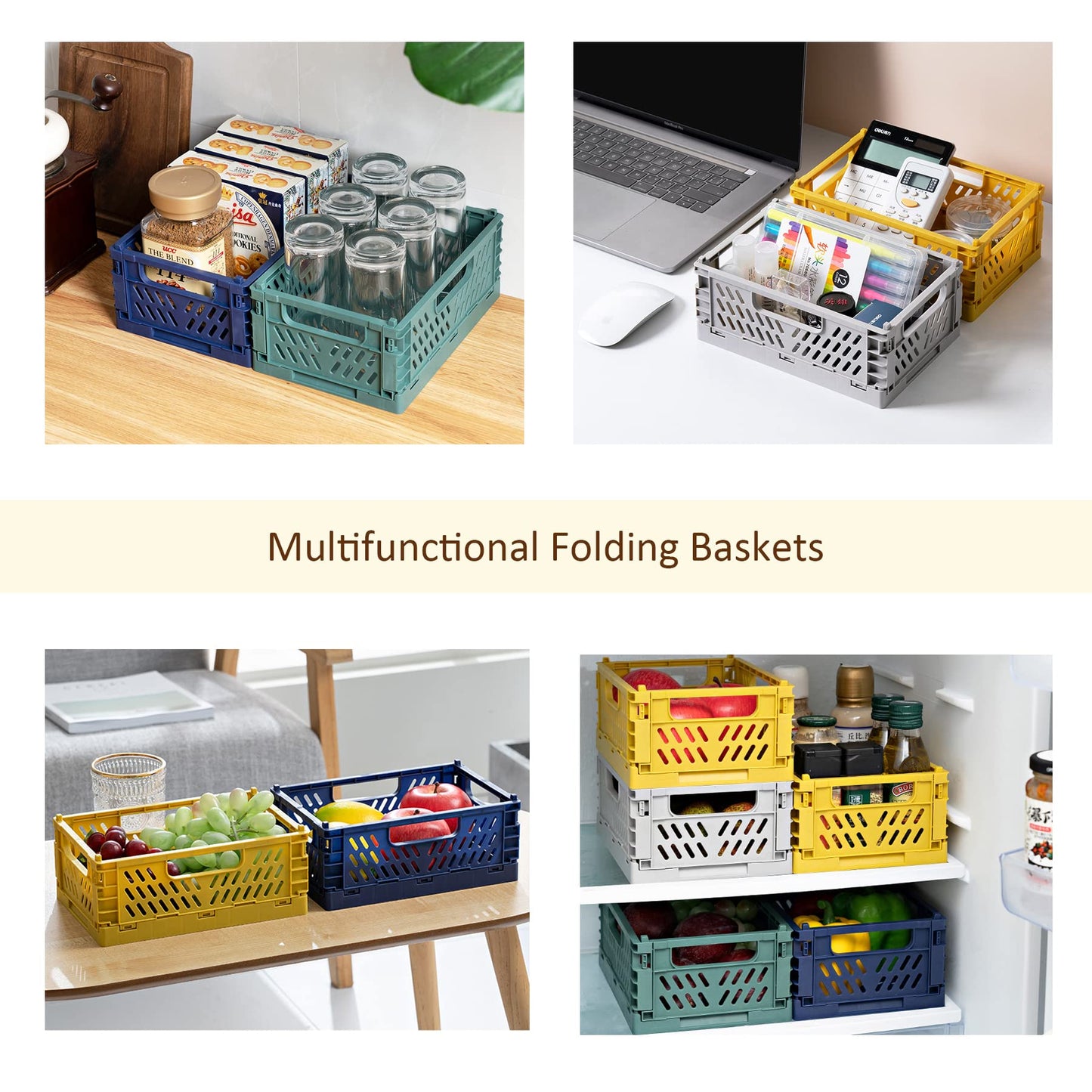 Domiella 2-Pack Crates for Storage, Storage Crates Plastic Stackable, Foldable Crate for Office Home Kitchen Bedroom Bathroom (Large, Golden Yellow)