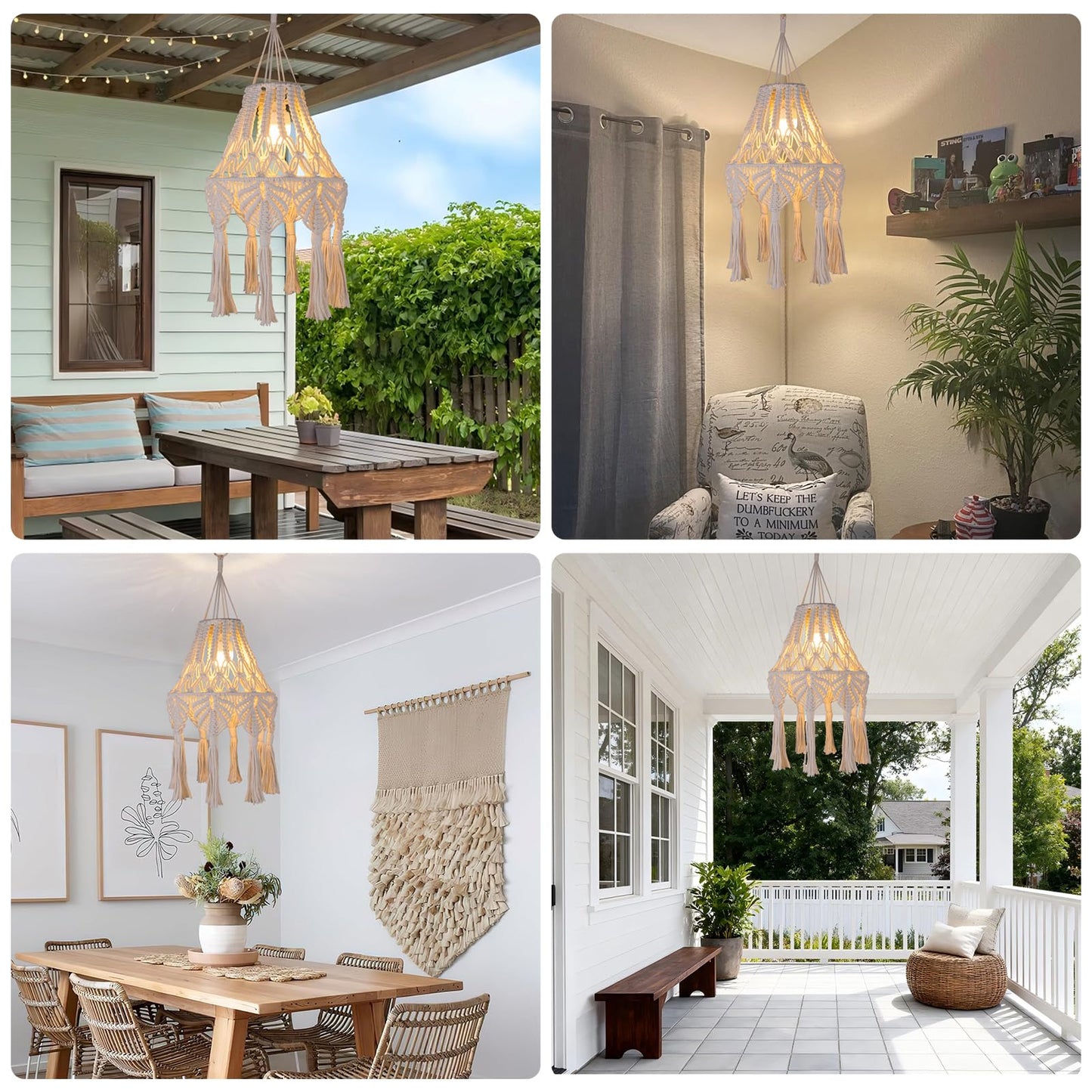 AVAMERY Boho Chic Macrame Pendant Lights with Tassels, Remote Control Dimmable Timer Rechargeable Battery Operated Hanging Lamp, Cotton Rope Wall Decor for Bedroom Living Room