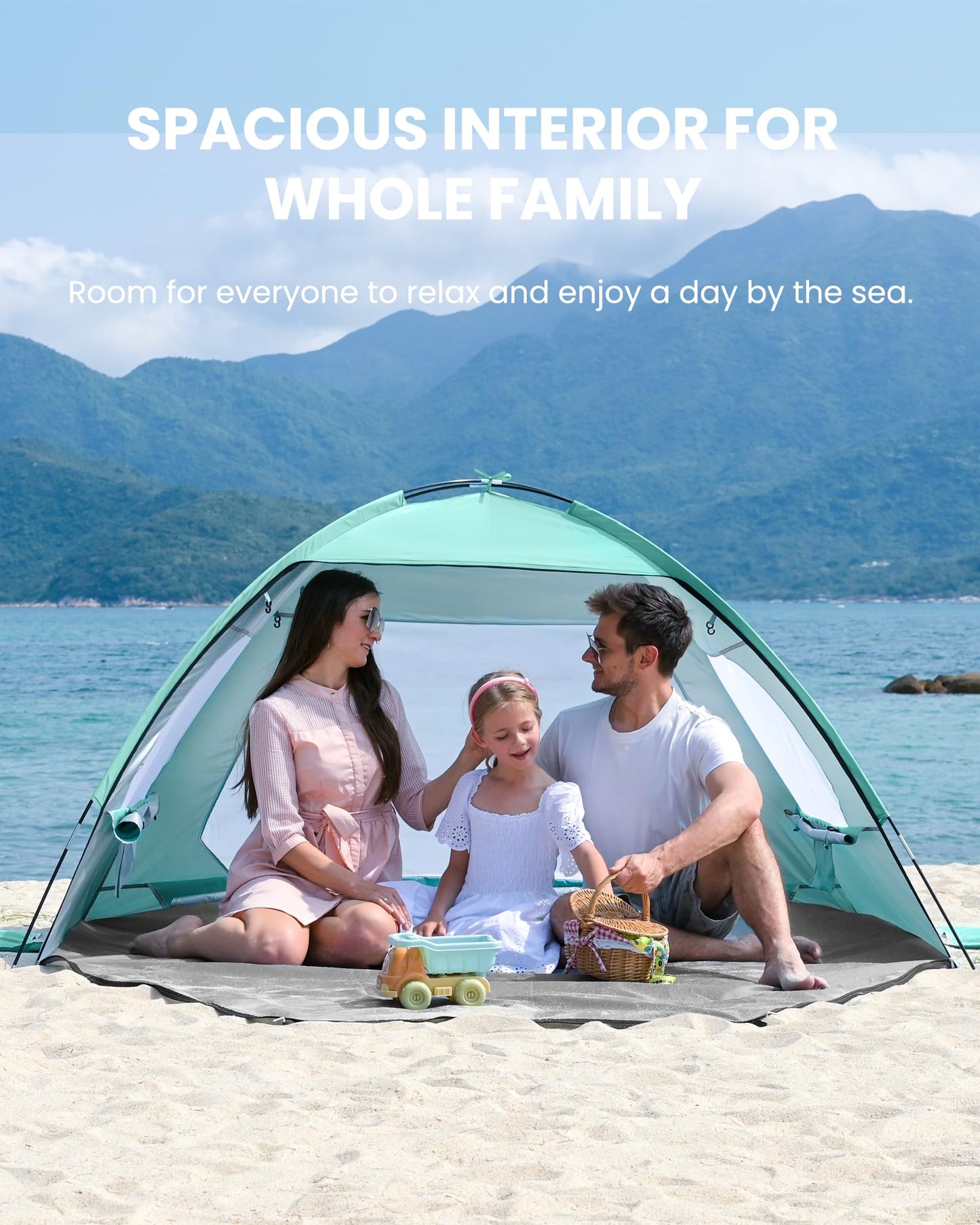 OutdoorMaster Beach Tent for 3/4 Person - Easy Setup Sun Shade Shelter, Portable Beach Shade Sun Canopy with UPF 50+ UV Protection, Removable Skylight Family Size - 3 Person Green