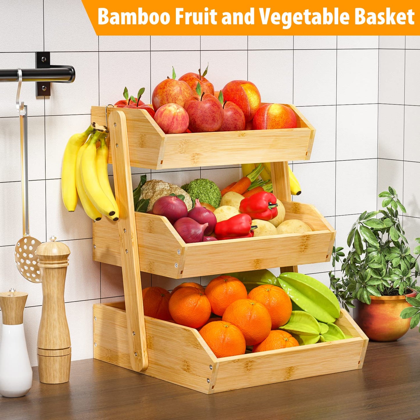 Gmtsl Bamboo Fruit Basket for Kitchen – 3 Tier Fruit Bowl For Kitchen Counter, Large Fruit Holder With 2 Banana Hangers, Idea For Fruit and Vegetable Storage, Bread Basket, Snack Organizer(Bamboo)
