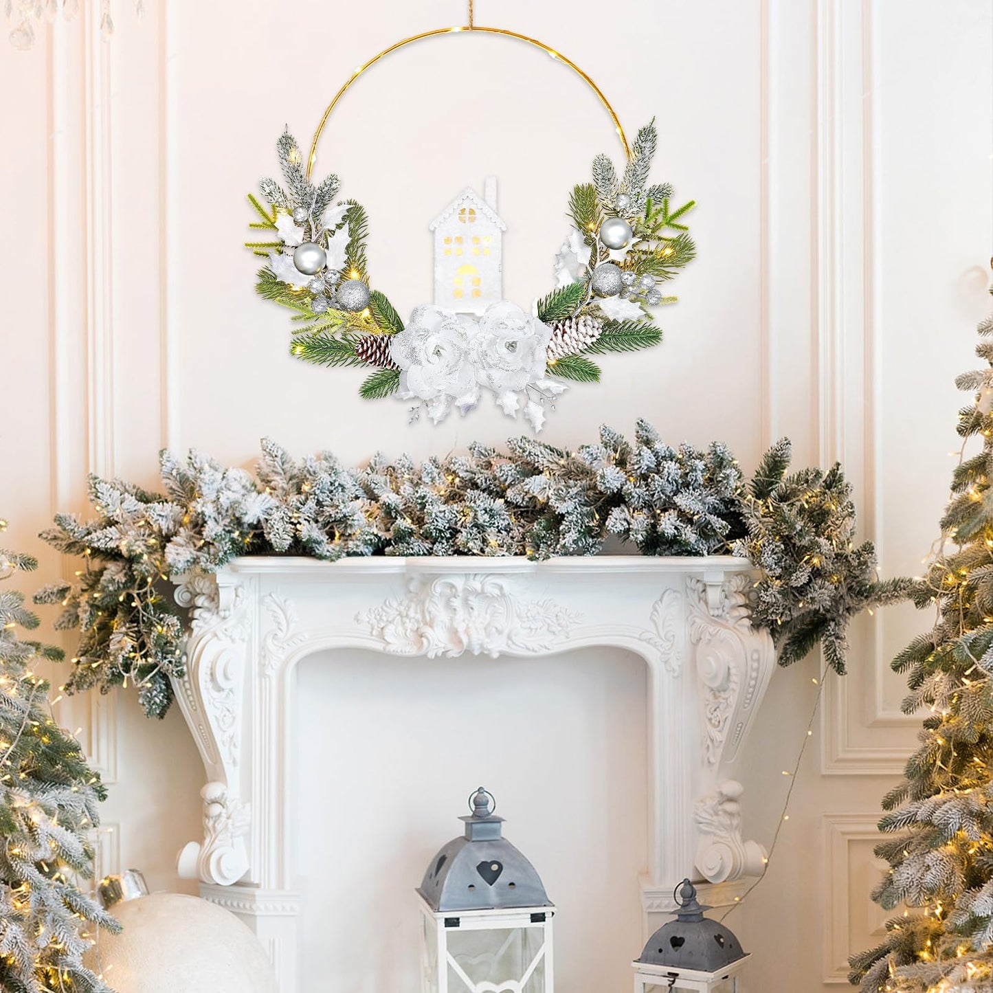 MEIVINES Prelit Christmas Wreath for Front Door 16Inch Artificial Christmas Door Wreath with Lights Silver Rose Farmhouse Xmas Winter Wreath for Christmas Decoration Wall Fireplace Mantle(Silver)