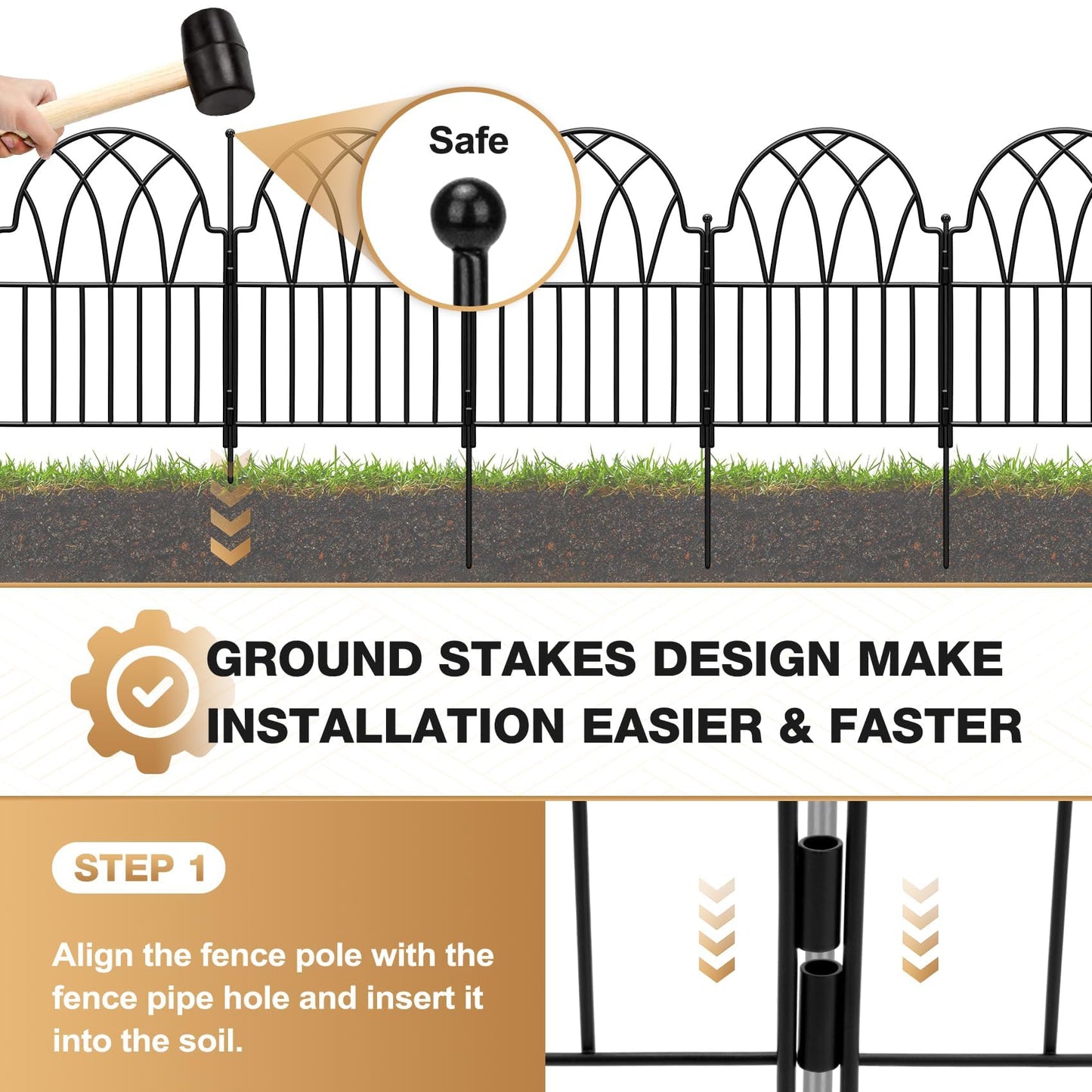 LATIHUUM Garden Fence - 24 in(H) x 10.56ft(L) Arched Metal Fence Panel No Dig Fence, Ground Stake Animal Barrier Fence for Dog, Flower Bed Edging Wire Border Panel Fencing for Yard Patio Outdoor Decor