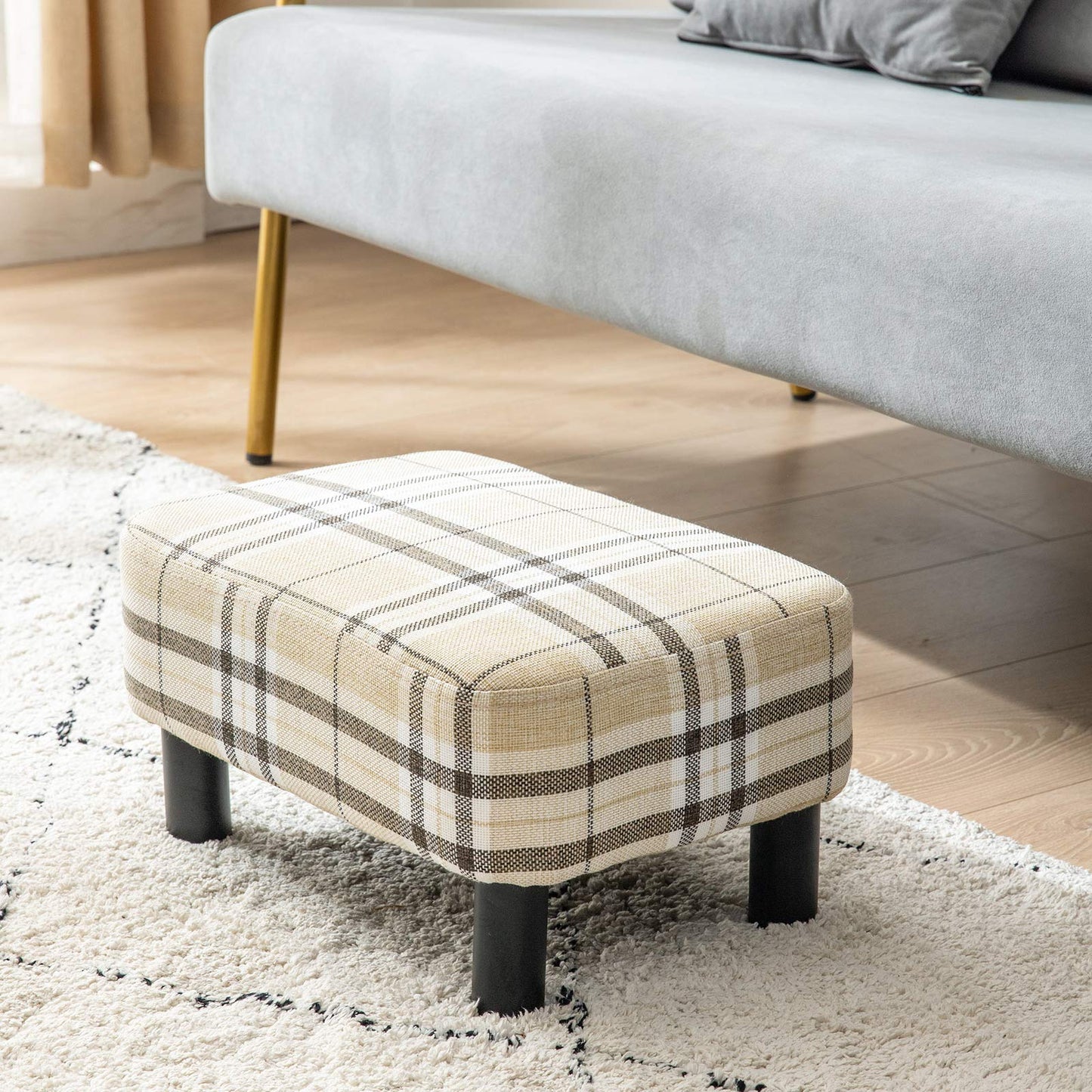IBUYKE 16.54" Small Footstool, Linen Fabric Pouf, with Padded Seat Pine Wood Legs and Padded Rectangular Stool, for Bedroom, Stripe RF-BD215